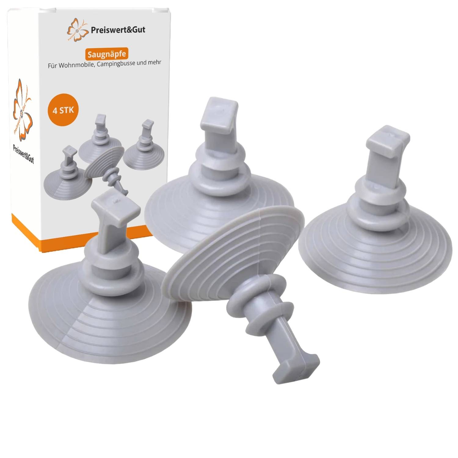 Saughaken in einer 4er-Packung, entwickelt für Wohnmobile und Camping. Verpackung zeigt die Marke 'Preiswert&Gut'.
