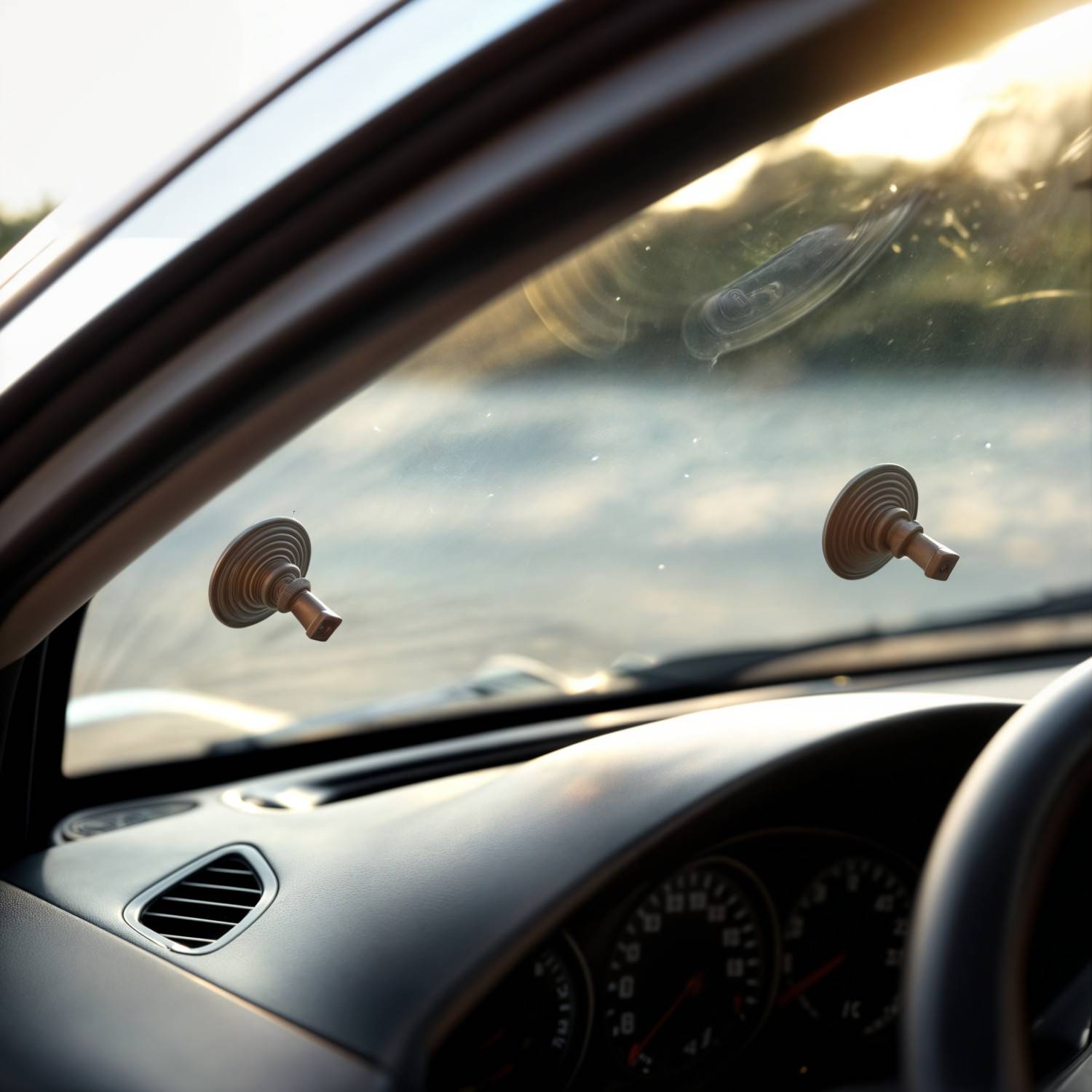 Blick durch eine Autoscheibe, die zwei Saugnäpfe zeigt, die an der Windschutzscheibe befestigt sind, mit einem unscharfen Hintergrund aus Bäumen und Himmel im Freien.