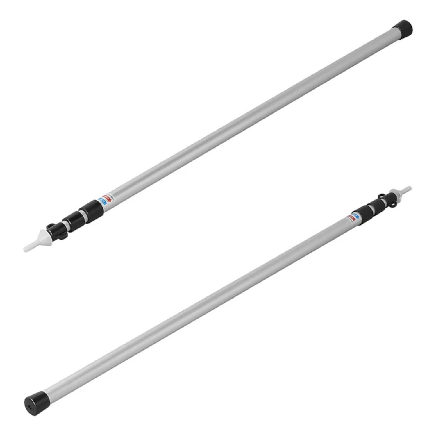 Zwei graue teleskopische Verlängerungsstangen, jeweils mit schwarzen Griffen und verstellbarer Länge, auf weißem Hintergrund dargestellt.