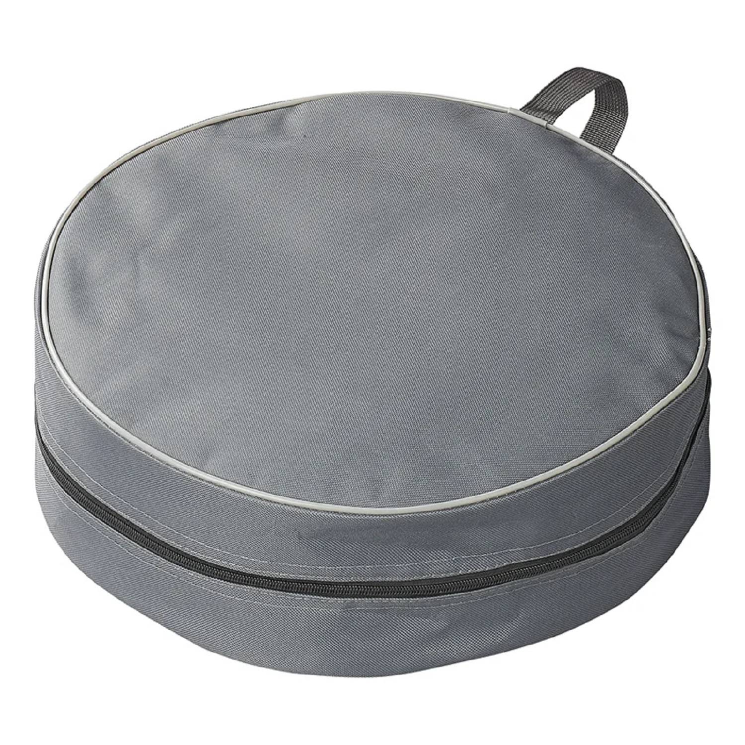 Eine runde graue Aufbewahrungstasche mit Reißverschluss und einem Griff oben, konzipiert für mobile Aufbewahrung oder Reisekomfort.