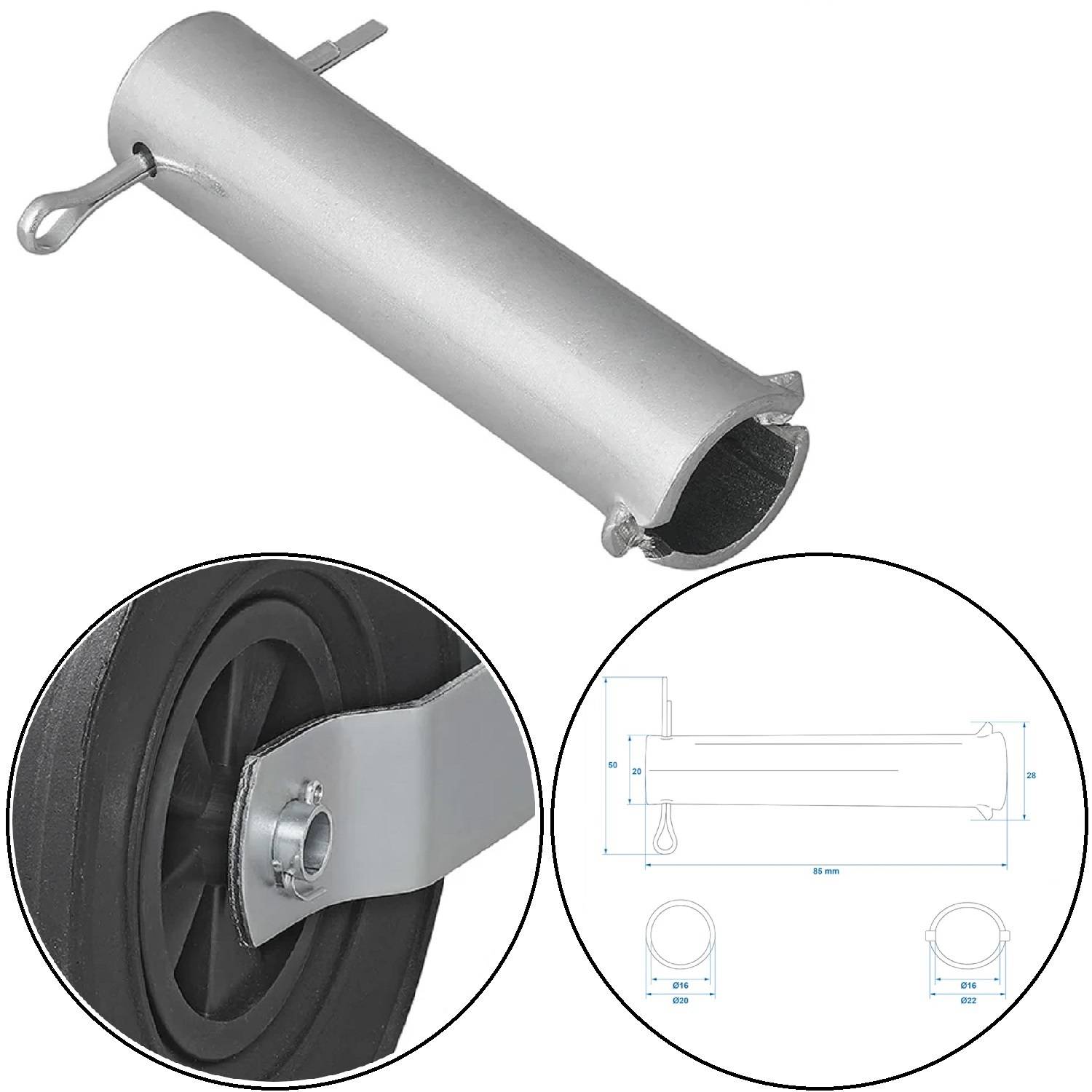 Eine Skizze eines zylindrischen Rohrs mit einem Bolzen, detaillierte Maßangaben und einer Radhalterung. Technische Illustration, die Abmessungen und Struktur veranschaulicht.