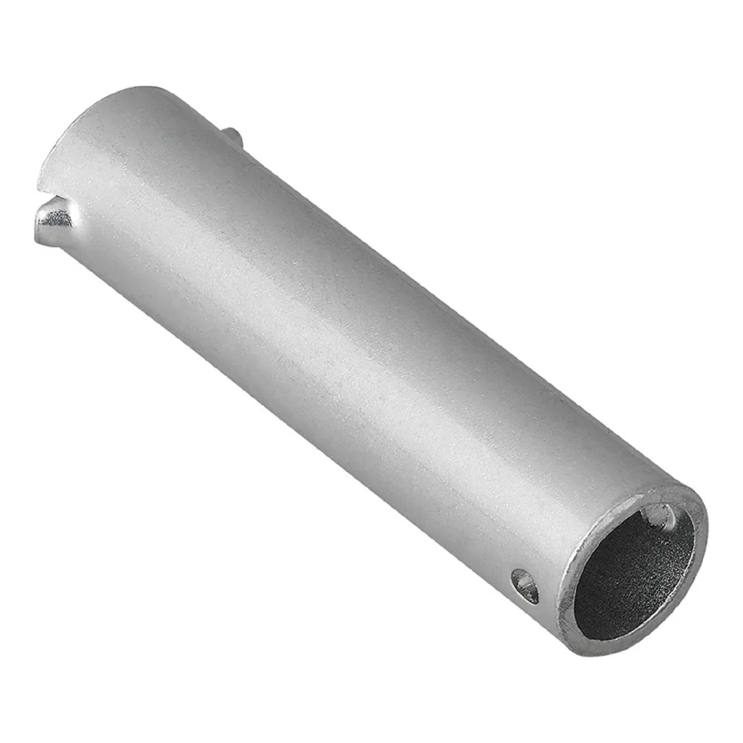 Ein metallisches zylindrisches Werkzeug mit einem hohlen Innenraum und kleinen Seitenöffnungen, das für Aufgaben wie das Anziehen oder Lösen von Schrauben und Bolzen verwendet wird.