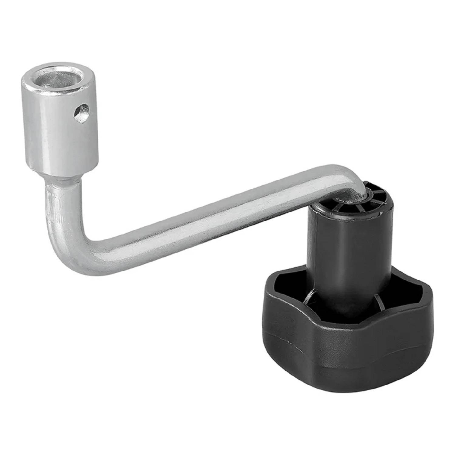 Ein Metallsechskantschlüssel mit einem schwarzen Kunststoffgriff, der zum Drehen von Sechskant-Schraubeneinsätzen verwendet wird, auf einem weißen Hintergrund dargestellt.