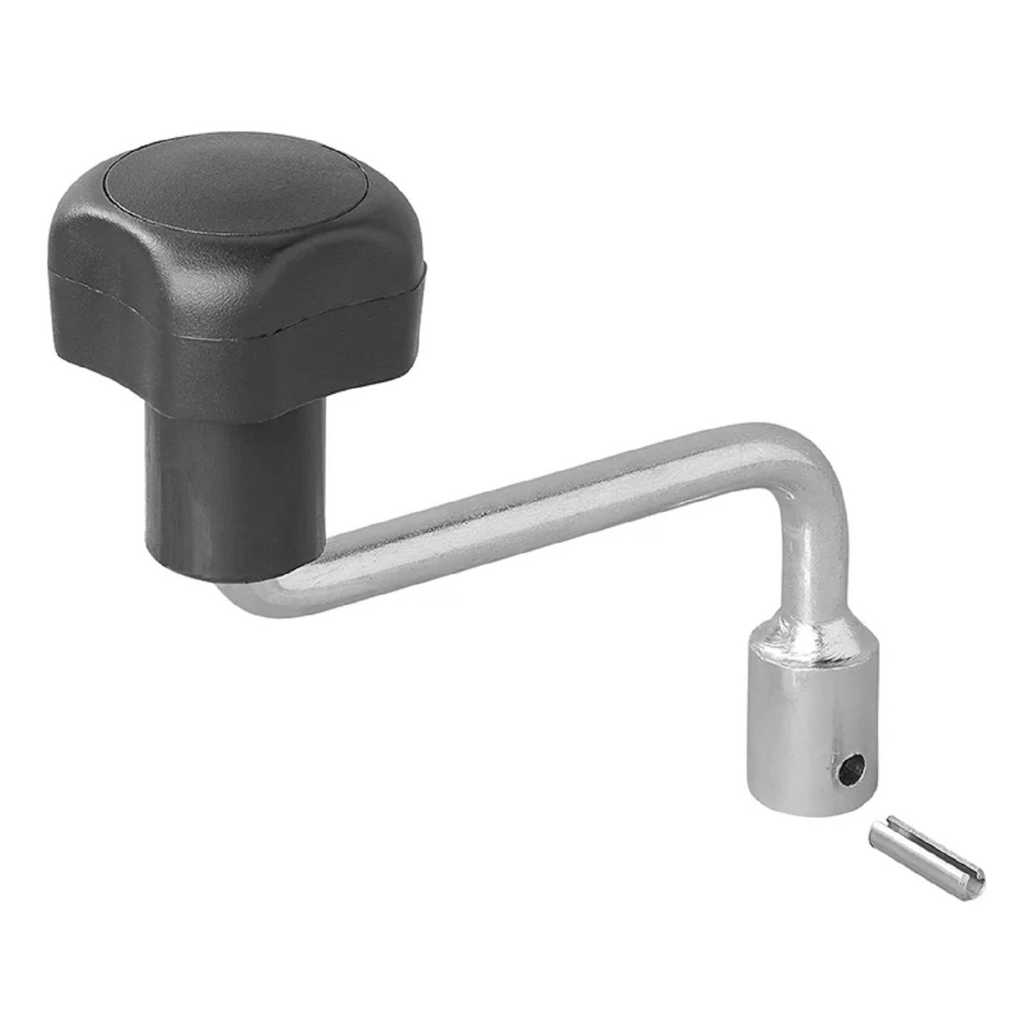 Ein schwarzer Knopf, der an einem silbernen, abgewinkelten Kurbel-Griff befestigt ist, mit einem kleinen Metallstift, der daneben auf einem einfarbigen weißen Hintergrund liegt.