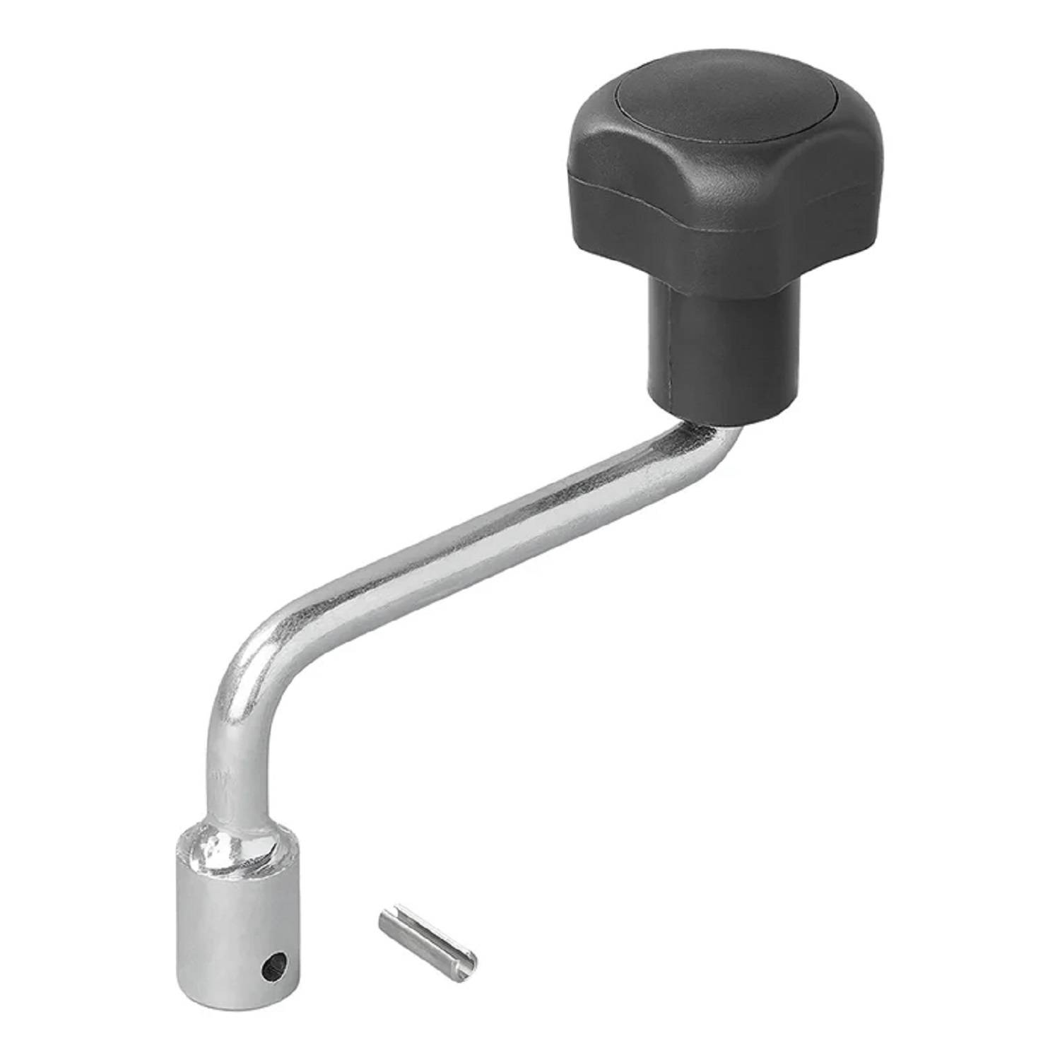 L-förmiger Metallkurbelgriff mit einem schwarzen Griff und einem kleinen Metallstift auf weißem Hintergrund.