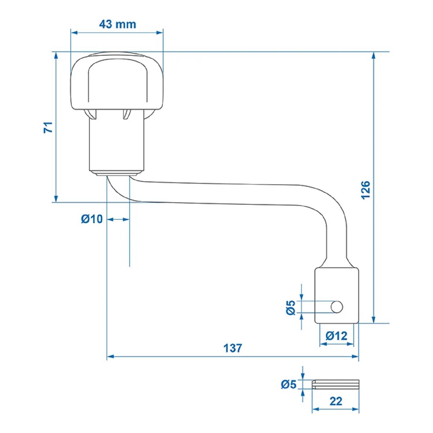 Eine technische Zeichnung, die die Abmessungen eines Ventilgriffs zeigt: Gesamthöhe 126 mm, Breite 137 mm. Rohrdurchmesser mit 10 mm beschriftet.