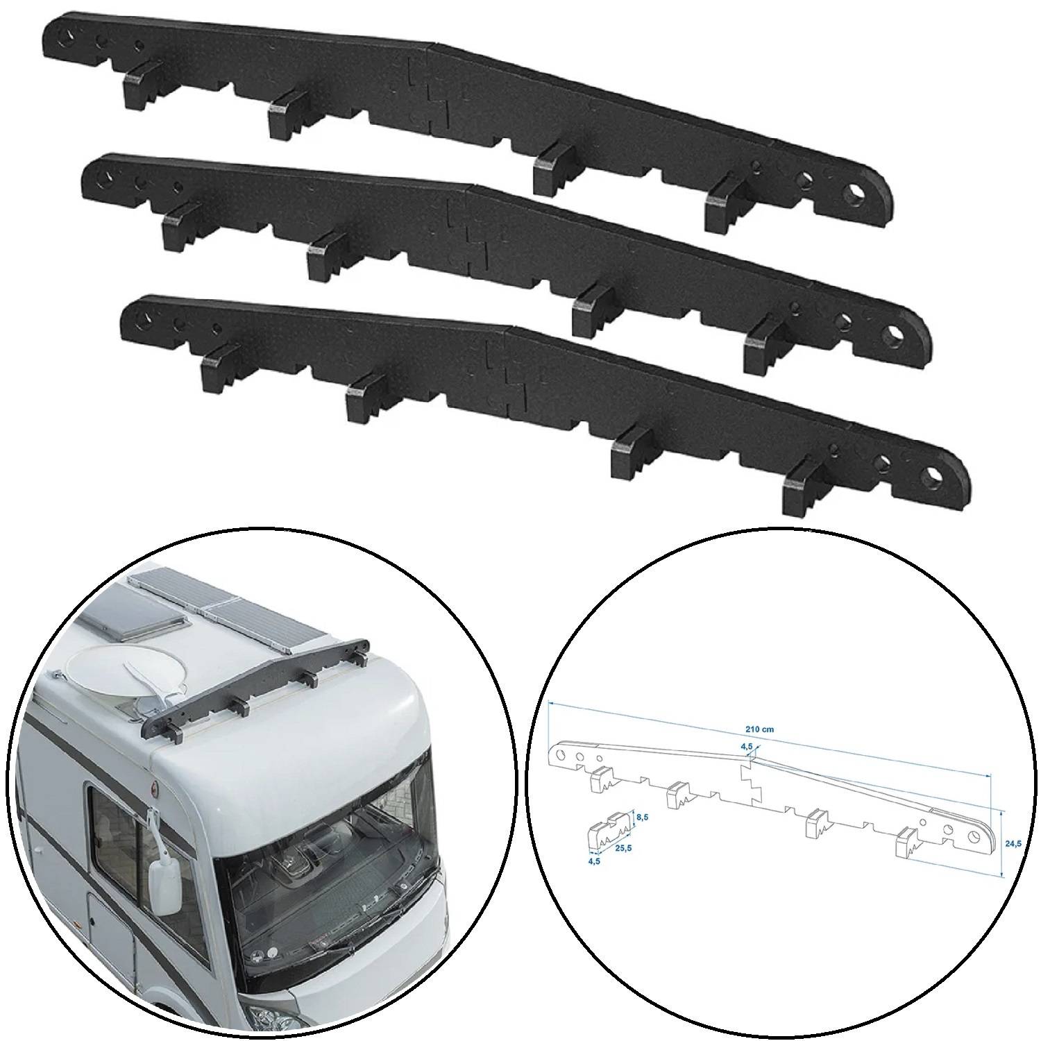 Montagehalterungen für Solarpanele und Installationsdiagramm mit Fahrzeugdachkontext.