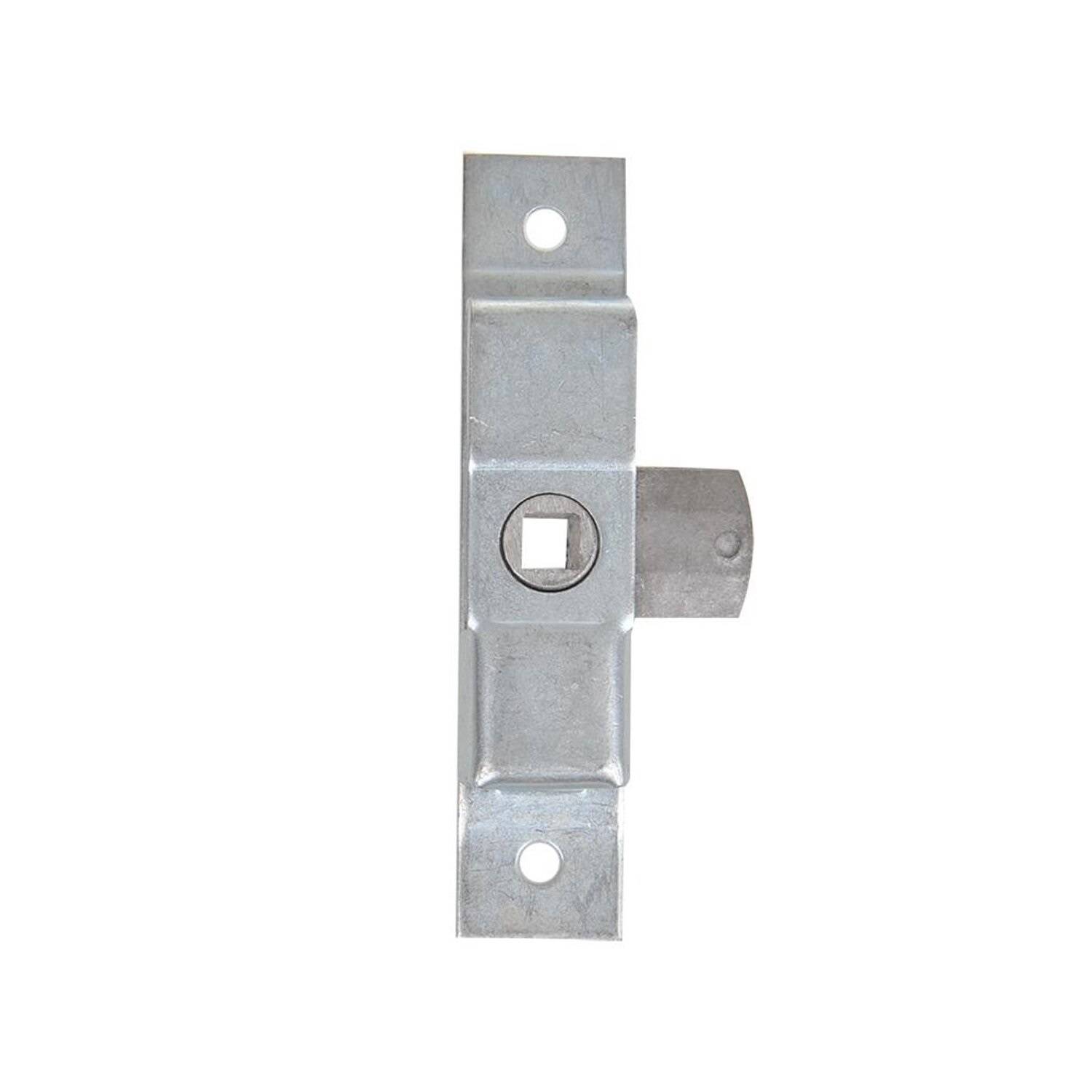 Eine Metalltürverriegelung mit einem quadratischen Loch für einen Griff, versehen mit zwei Schraubenlöchern oben und unten zur Befestigung.