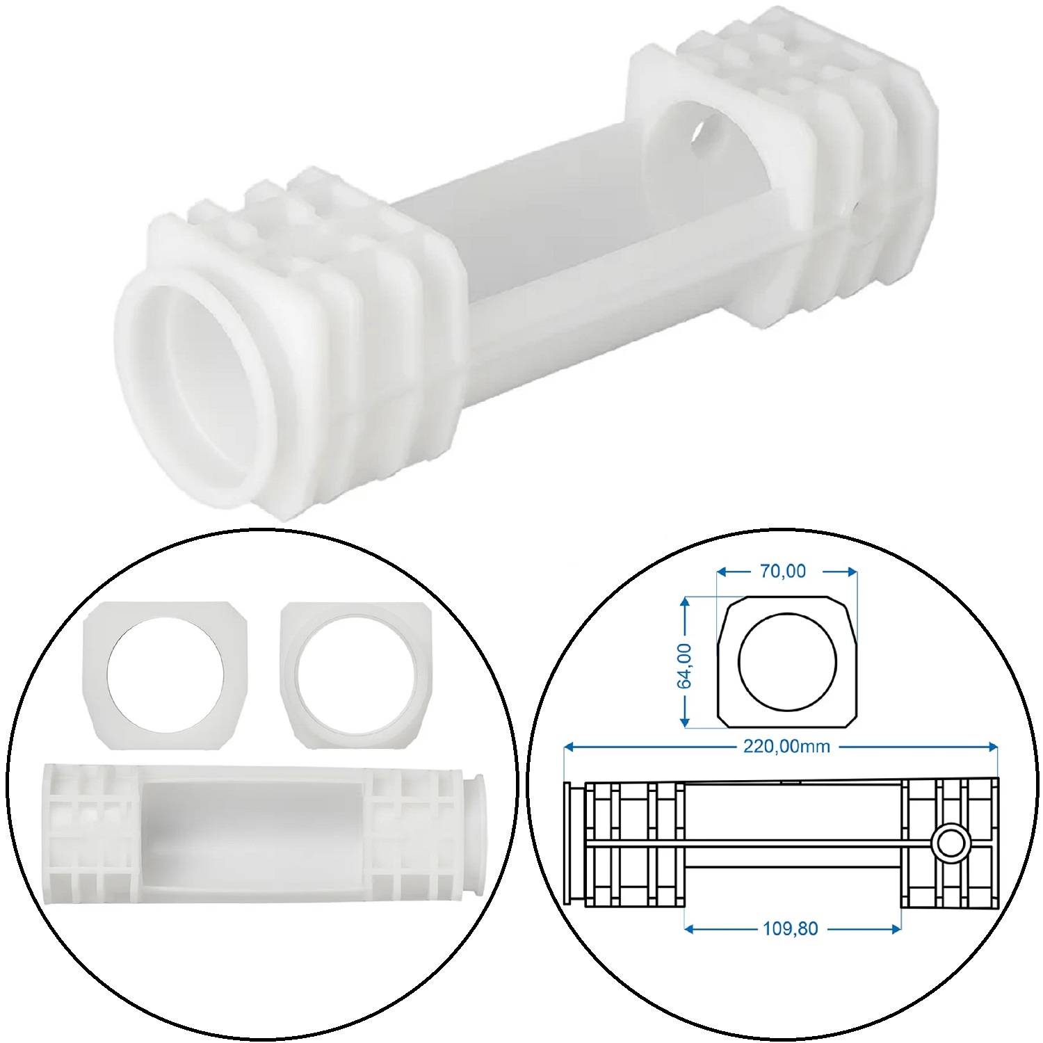 Verbindungsstück mit detaillierten Maßangaben. Hauptkörperlänge: 220 mm. Durchmesser: 84 mm. Zusätzliche Ansichten zeigen Innenstruktur und Abmessungen.