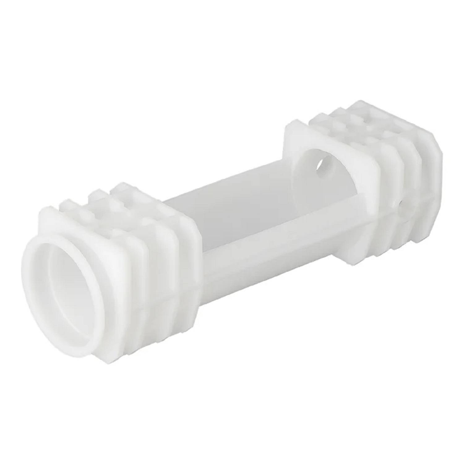 Ein weißes Plastikverbindungsstück mit gerillten Abschnitten an beiden Enden, das dazu dient, zwei Rohre oder Schläuche sicher zu verbinden.