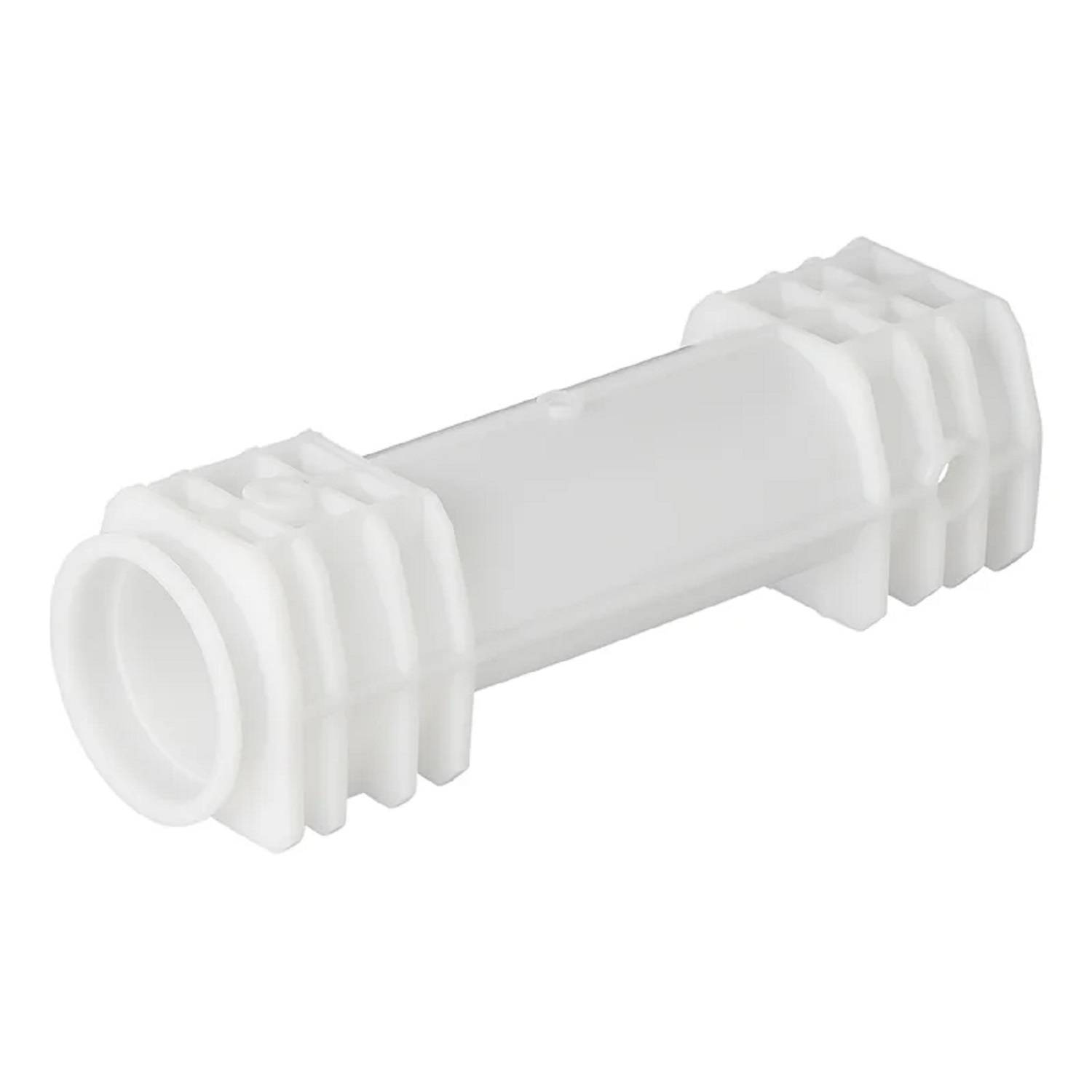 Ein weißer Kunststoff-Verbindungsadapter mit gerippten Enden und einem glatten Mittelabschnitt, der zum Verbinden von Rohren oder Schläuchen verwendet wird.