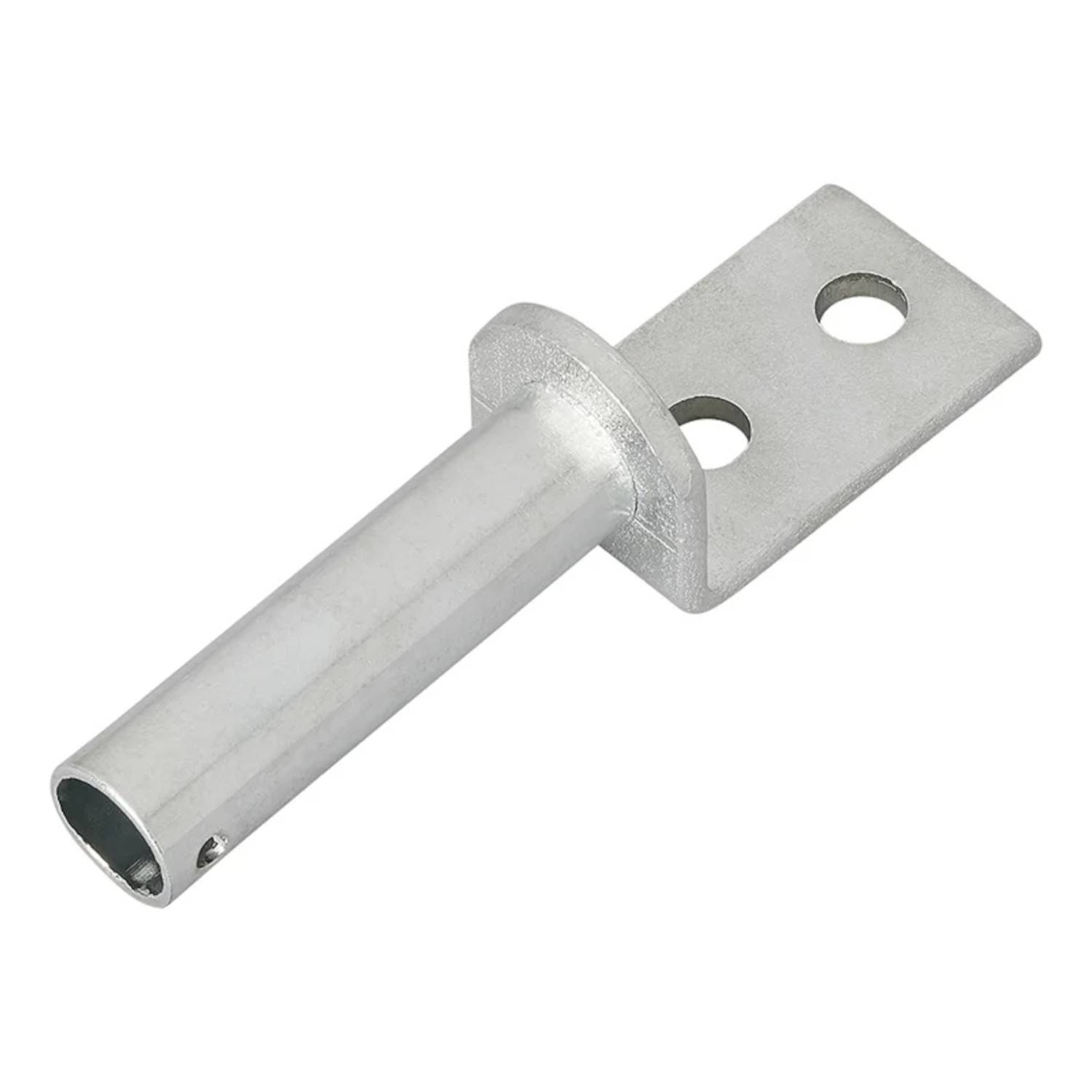 Ein Metallstift-Terminal mit einem röhrenförmigen Körper und einem flachen Ende, das zwei kreisrunde Löcher für sichere Befestigung oder elektrische Verbindungen aufweist.