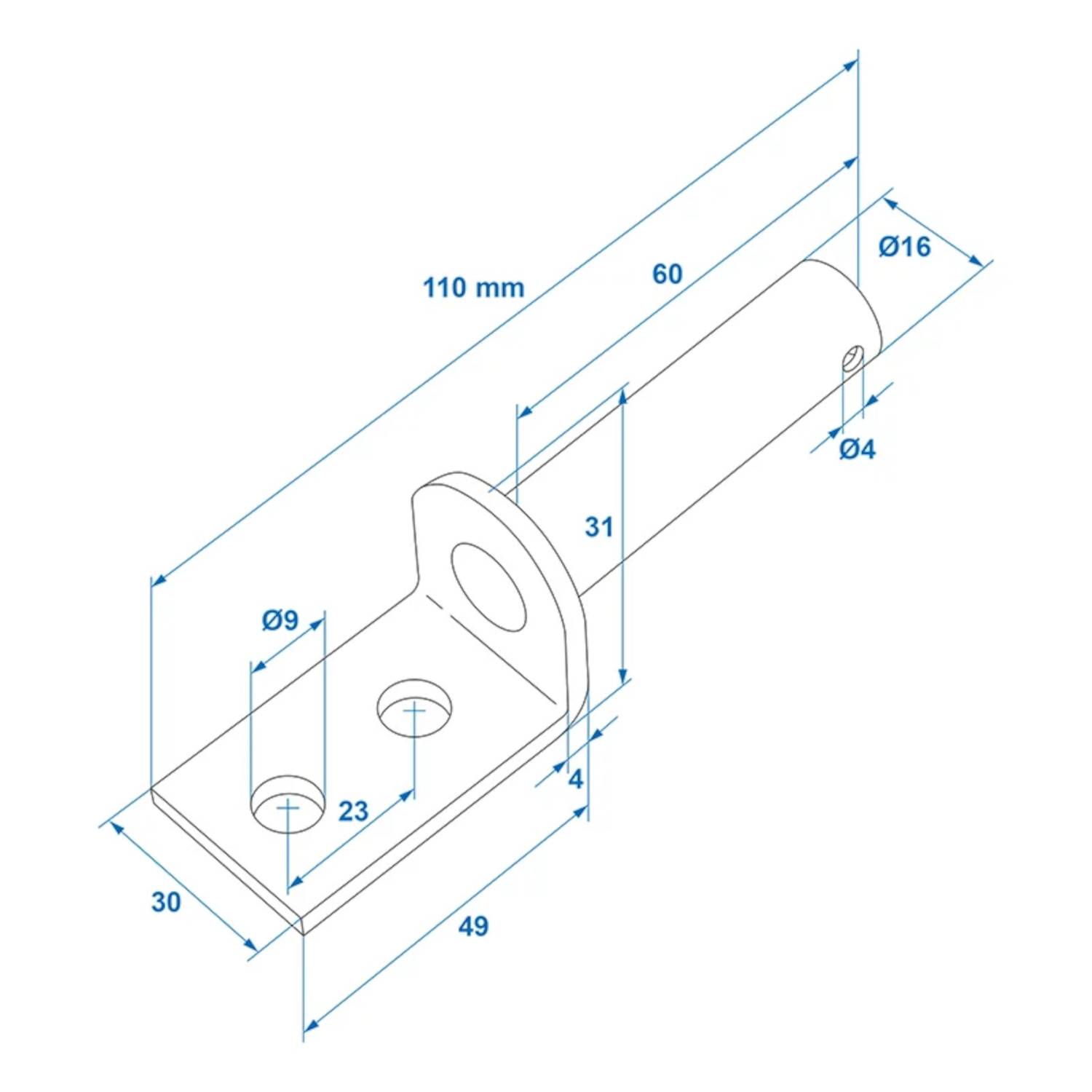 Technische Zeichnung eines Metallhalters mit Abmessungen: Länge 110 mm, Breite 30 mm, Höhe 34 mm. Löcher mit Ø9, Ø16 und Ø4.