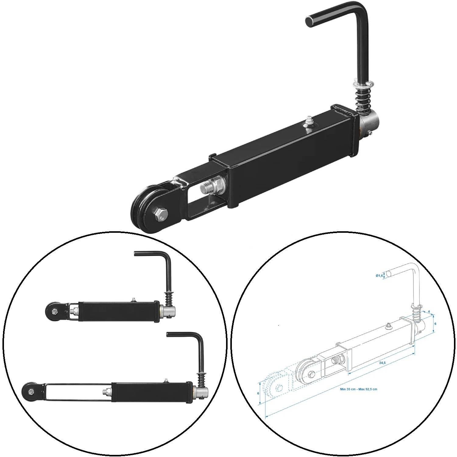 Ein schwarzer linearer Aktuator mit einem Hebel und einer Feder. Zwei kleinere eingefügte Bilder zeigen seine zurückgezogene und ausgefahrene Position sowie einen technischen Bauplan.