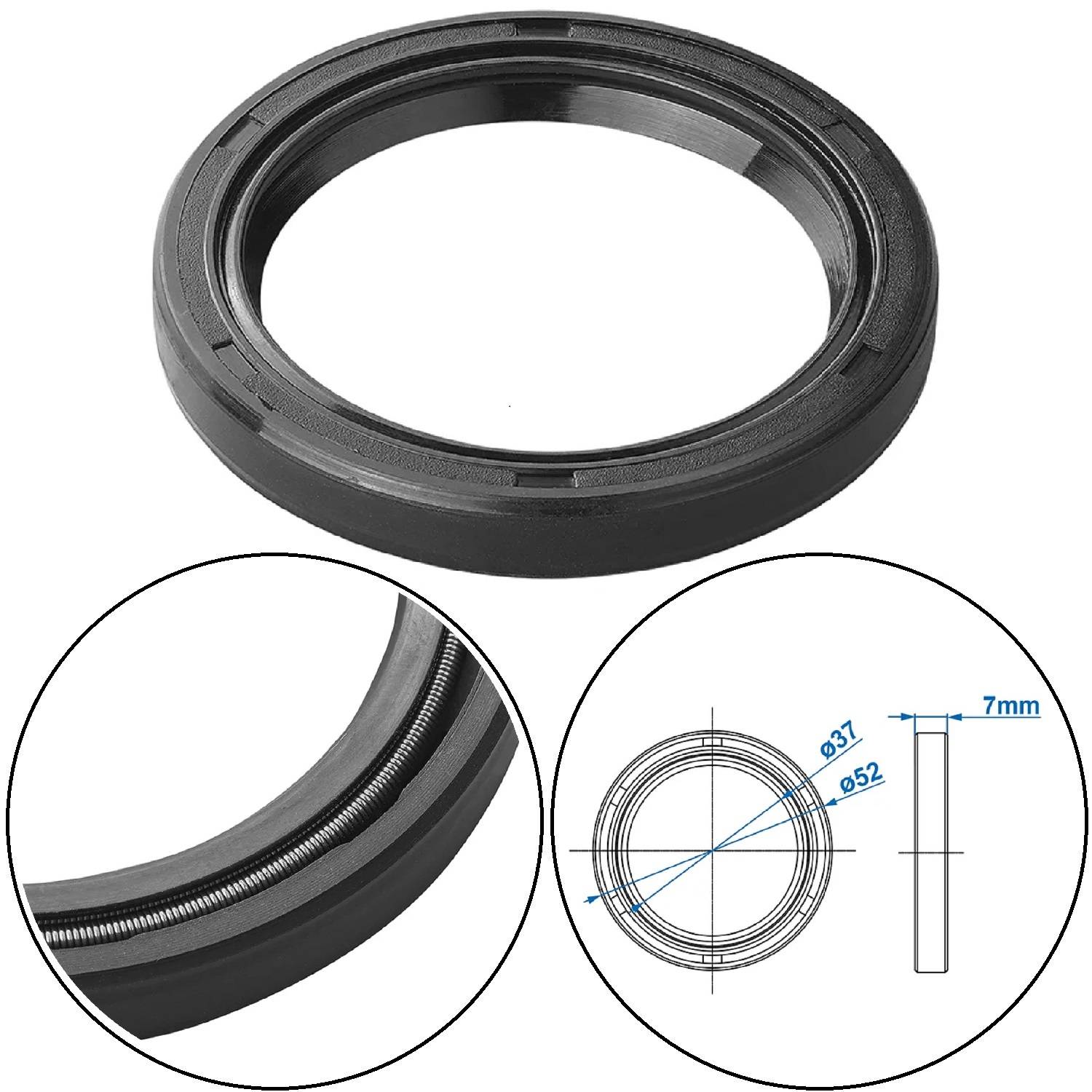 Öldichtung für Maschinen; enthält eine Nahaufnahme der inneren Feder und eine technische Zeichnung mit Abmessungen: Außendurchmesser 52 mm, Innendurchmesser 37 mm, Höhe 7 mm.