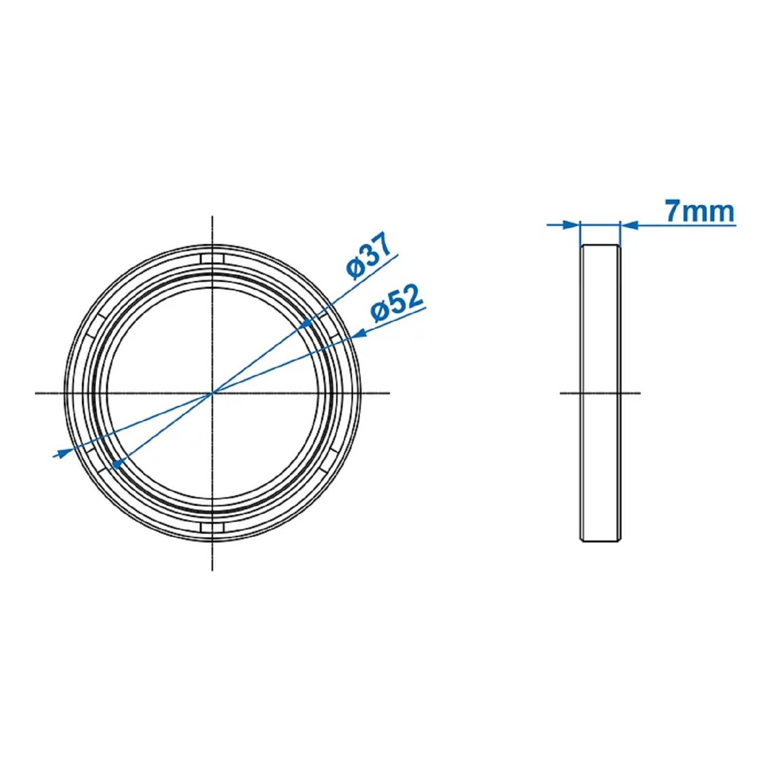 Technische Zeichnung eines kreisförmigen Objekts mit einem Durchmesser von 52 mm, Innendurchmesser 37 mm und einer Dicke von 7 mm.