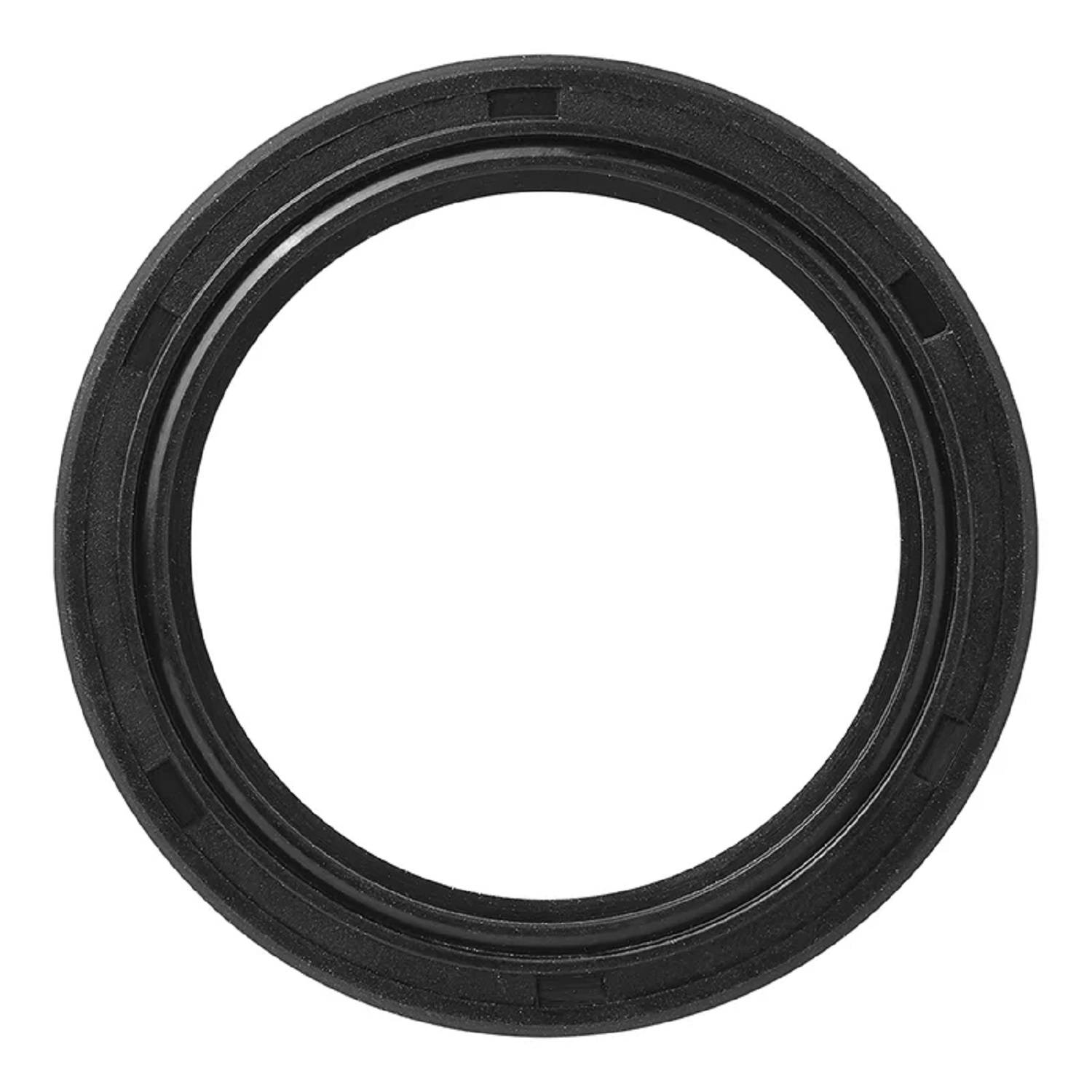 Eine schwarze kreisförmige Gummidichtung mit einer glatten Innenfläche und einer gerillten Außenkante, die für Dichtungsanwendungen konzipiert ist.