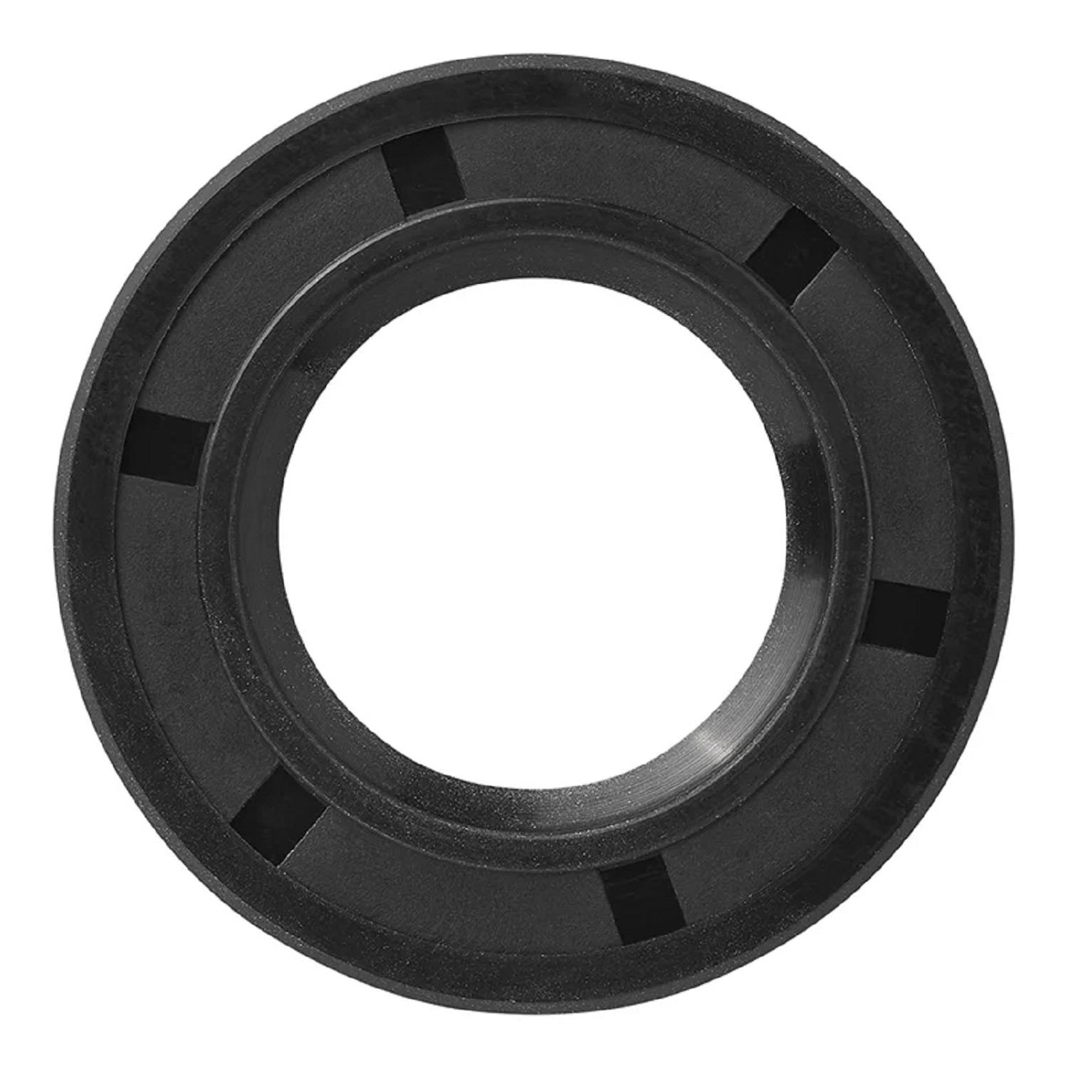 Ein schwarzer, kreisförmiger Gummidichtungsring mit gerillten Kanten und einer Innenöffnung, der zur Verhinderung von Leckagen in Maschinen oder Rohrleitungen verwendet wird.