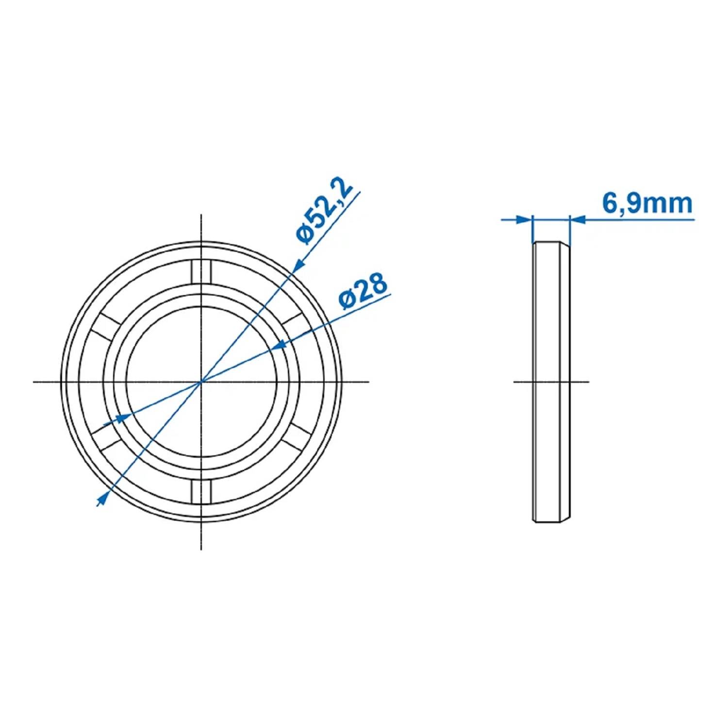 Technische Zeichnung eines kreisförmigen Objekts mit einem Durchmesser von 52,2 mm und einer Dicke von 6,9 mm, mit einem zentralen Innenkreis von 28 mm.