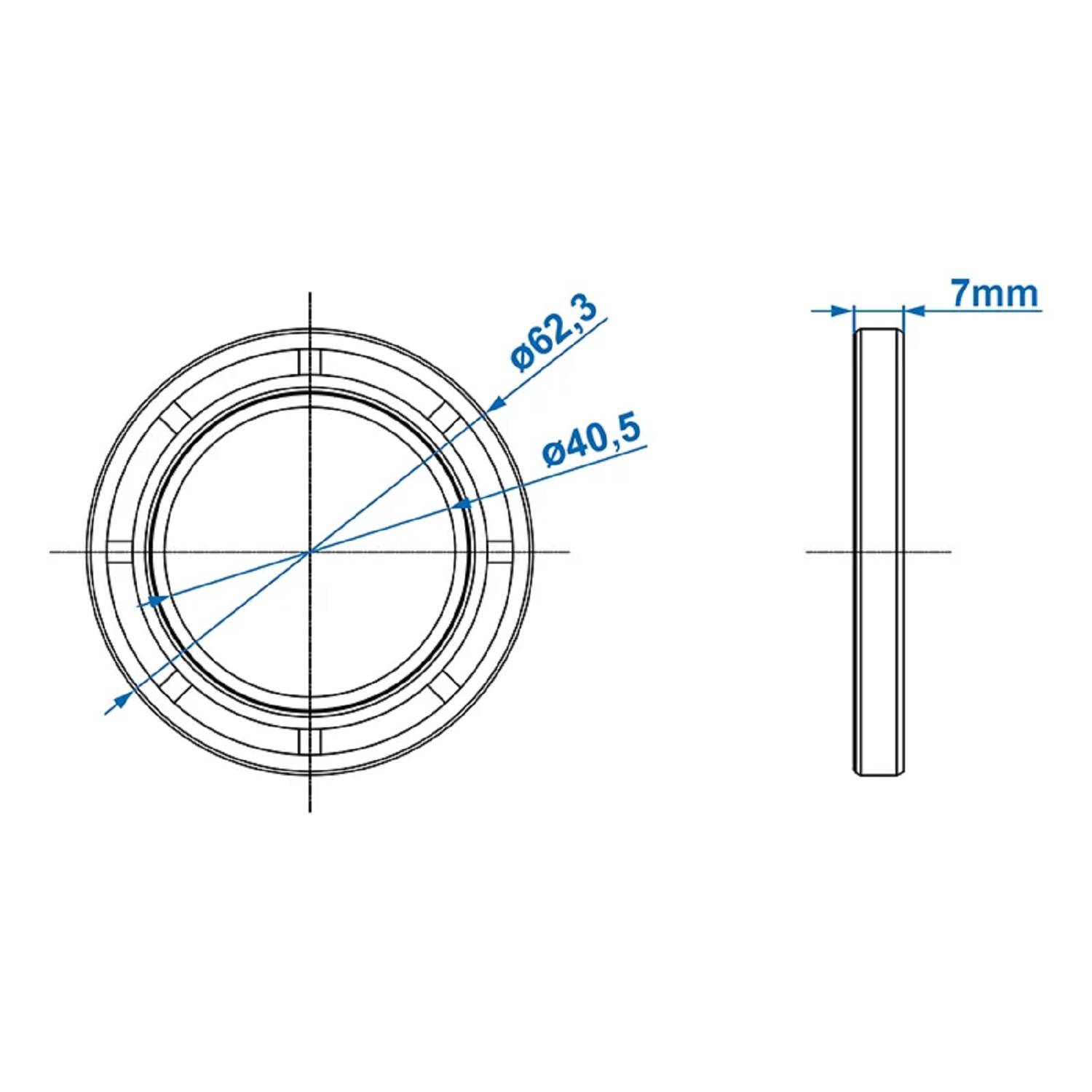 Technische Zeichnung eines runden Objekts mit Abmessungen: 62,3 mm Durchmesser, 40,5 mm Innendurchmesser und 7 mm Dicke, Seitenansicht enthalten.