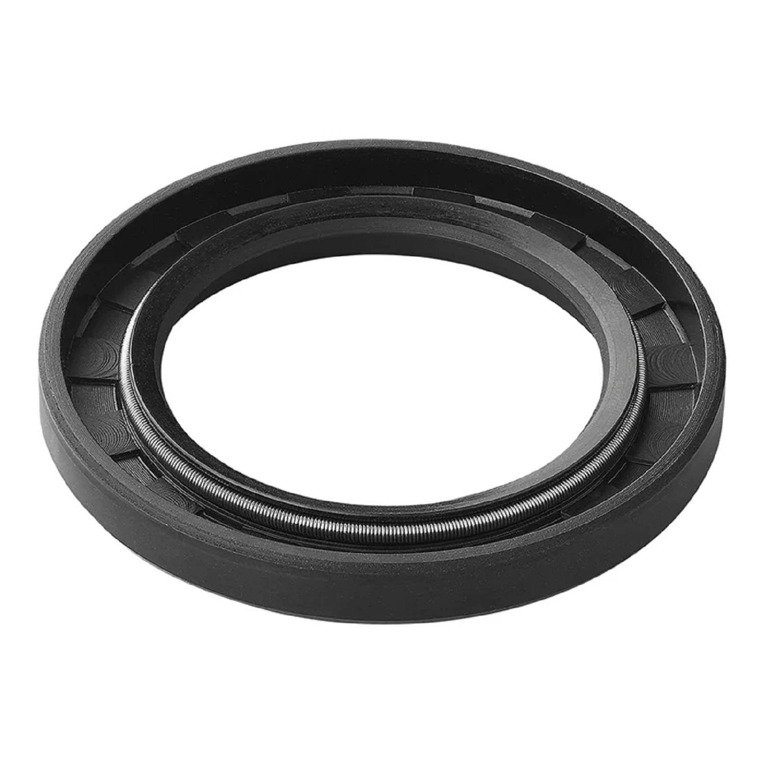 Ein runder schwarzer mechanischer Dichtungsring mit einer innenliegenden Metallfeder, der in Maschinen verwendet wird, um das Austreten von Flüssigkeiten oder Gasen zu verhindern.
