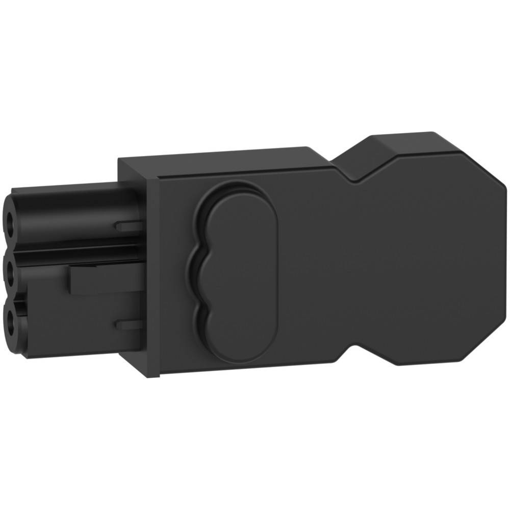 Ein schwarzer dreipiniger Stromstecker mit einem rechteckigen Gehäuse und einer angebrachten Kappe für elektrische Geräte.