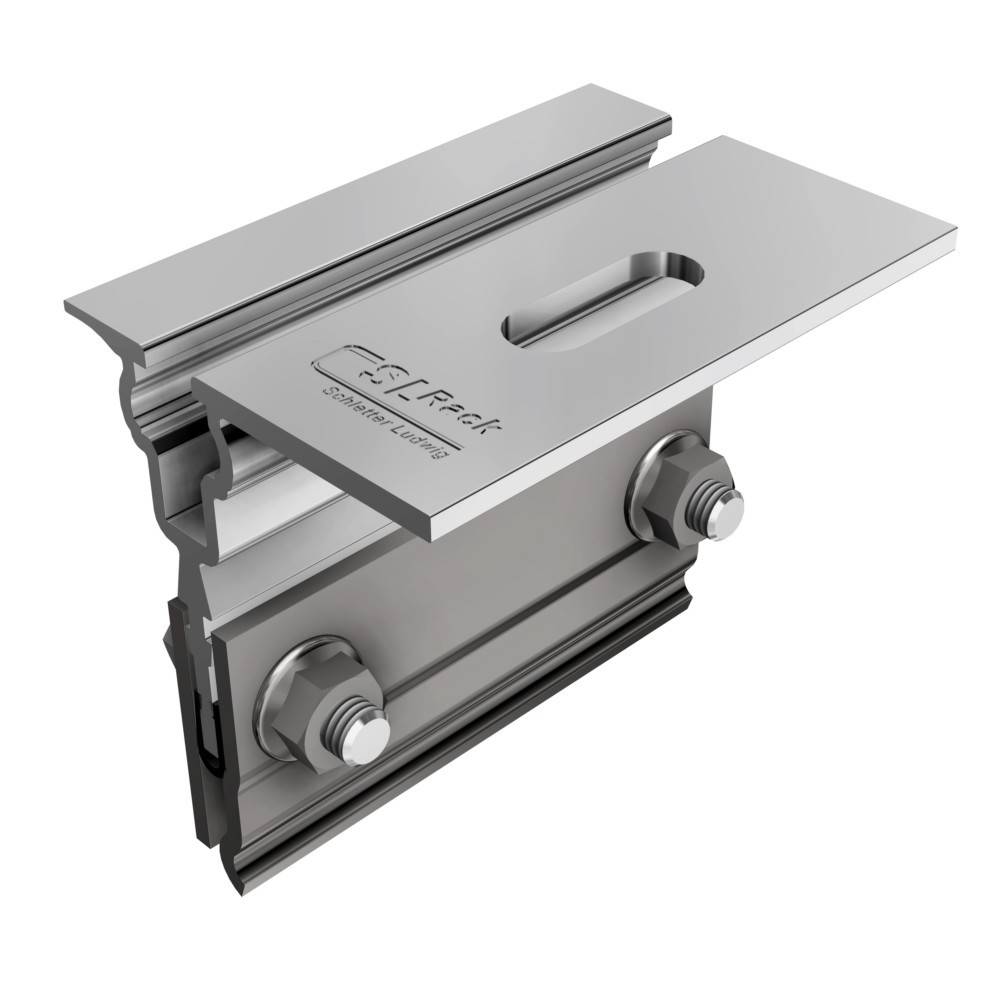 Metallhalterung mit Schrauben, die zum Befestigen von Strukturen entwickelt wurde und einen verstellbaren Schlitz zur Positionierung aufweist.