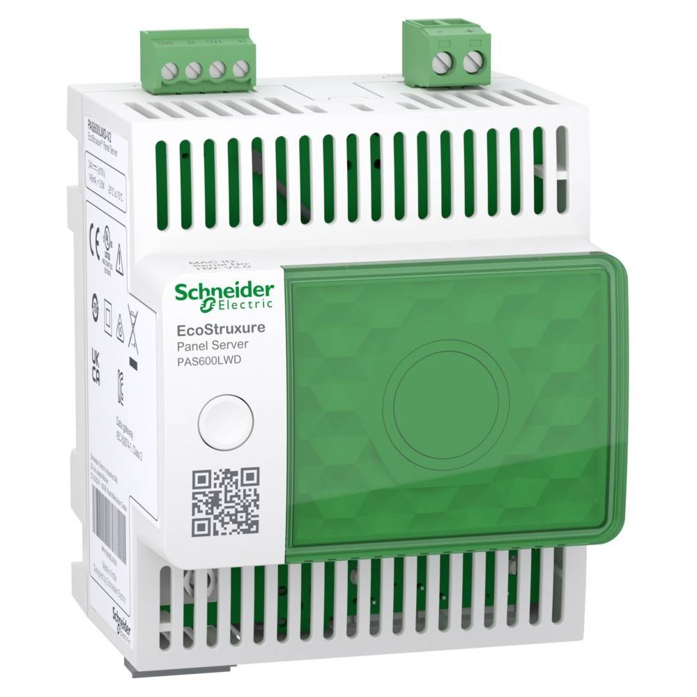 Ein Schneider Electric EcoStruxure Panel Server PAS600LWD-Gerät mit grüner Frontplatte und Anschlüssen an der Oberseite für industrielle Anwendungen.