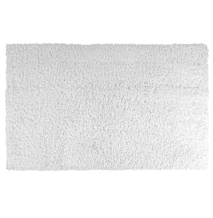Ein weißer, strukturierter rechteckiger Teppich mit flauschigem Aussehen, der für den Einsatz zu Hause oder im Büro konzipiert ist und eine Note von Komfort und Stil hinzufügt.