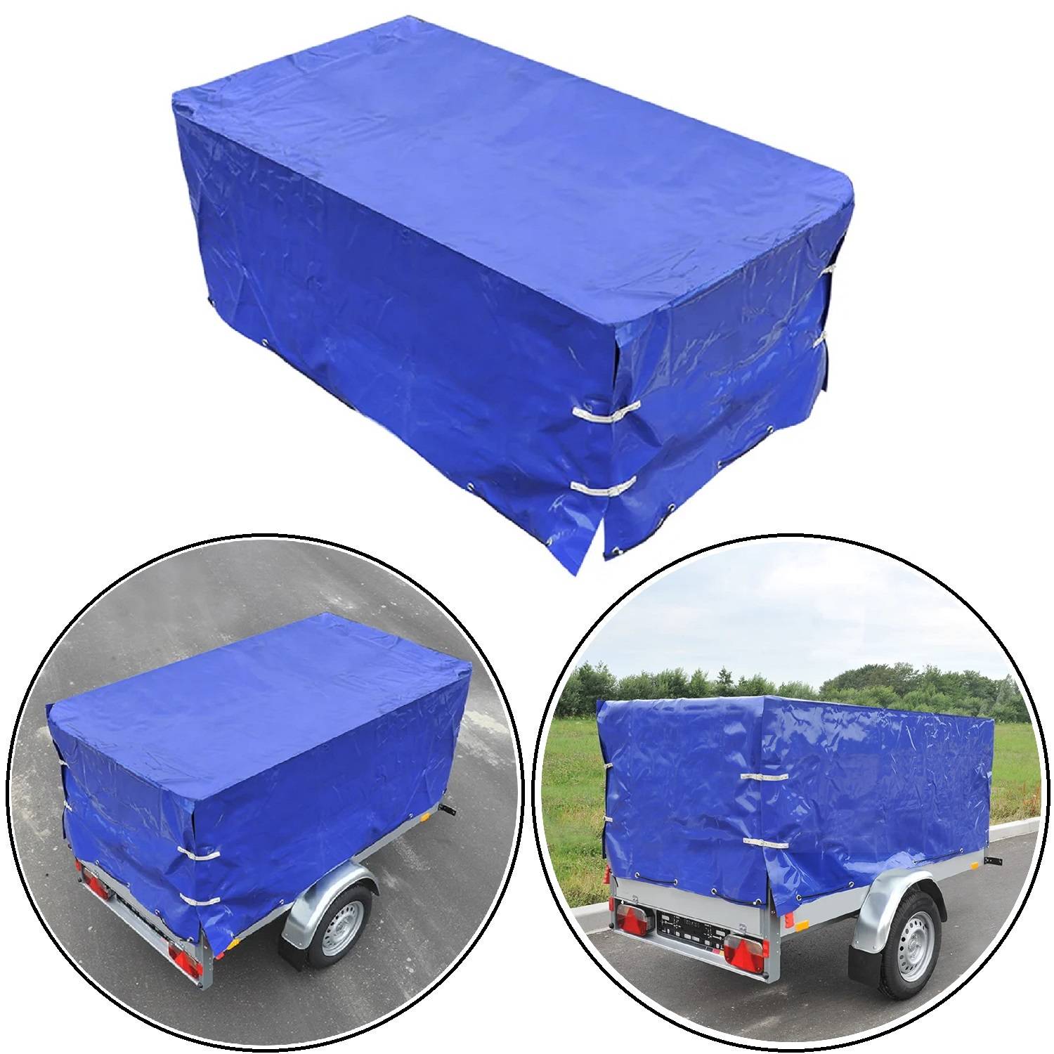 Blauer rechteckiger Plane bedeckt einen Anhänger. Zwei kreisrunde Einblendungen zeigen den Anhänger von oben auf einer Straße und in einem grünen Feld.