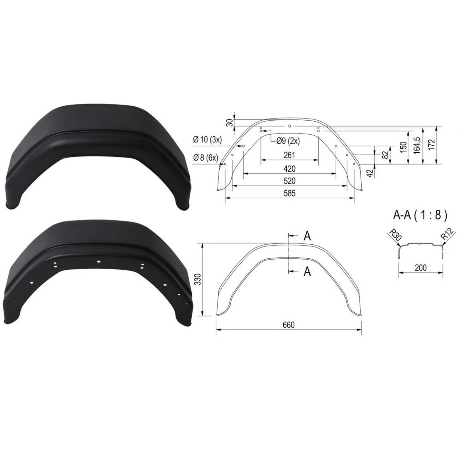 Technische Zeichnung eines Fahrzeugkotflügels. Ansichten von oben, der Seite und von vorne mit Abmessungen: Länge 660 mm, Höhe 350 mm.