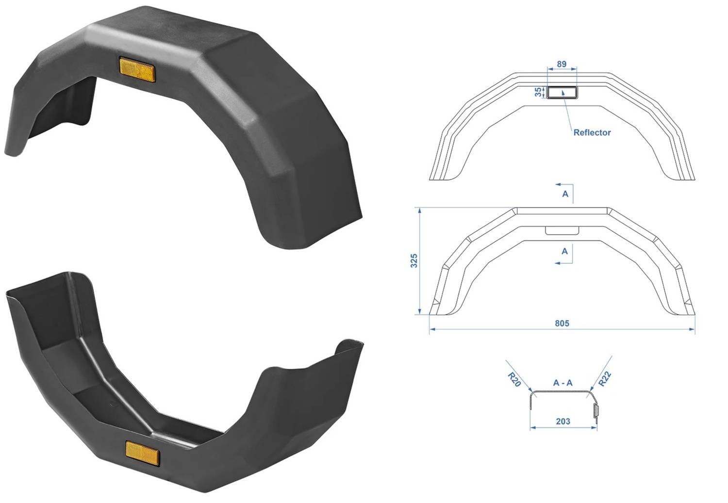 Illustration zeigt einen Fahrzeugkotflügel mit Abmessungen. Frontansicht zeigt Breite mit 89, Höhe mit 325. Seitenansicht Detailabschnitt A-A.