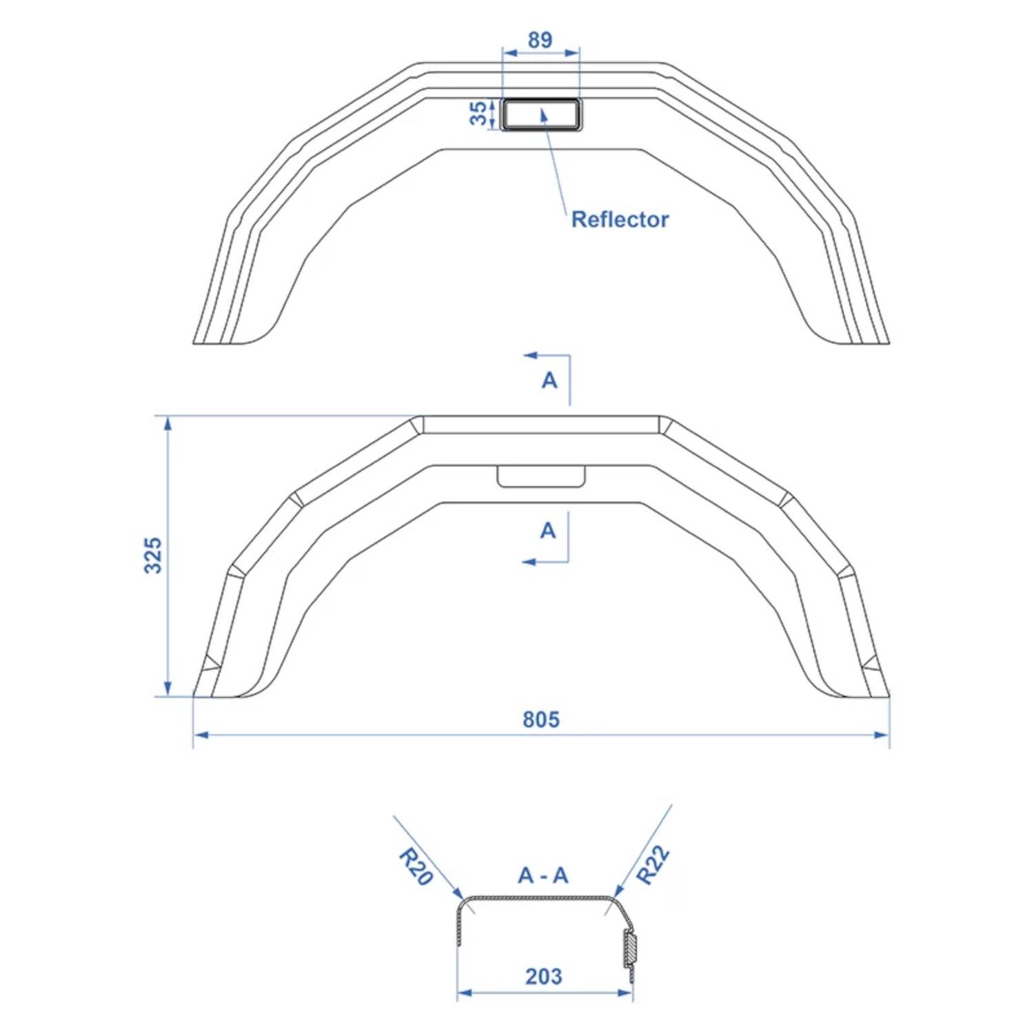 Diagramm eines Fahrradlenkrads mit Maßangaben: Breite 805 mm, Höhe 325 mm, Tiefe 89 mm. Reflektor in der Mitte markiert, Querschnitt mit A-A bezeichnet.