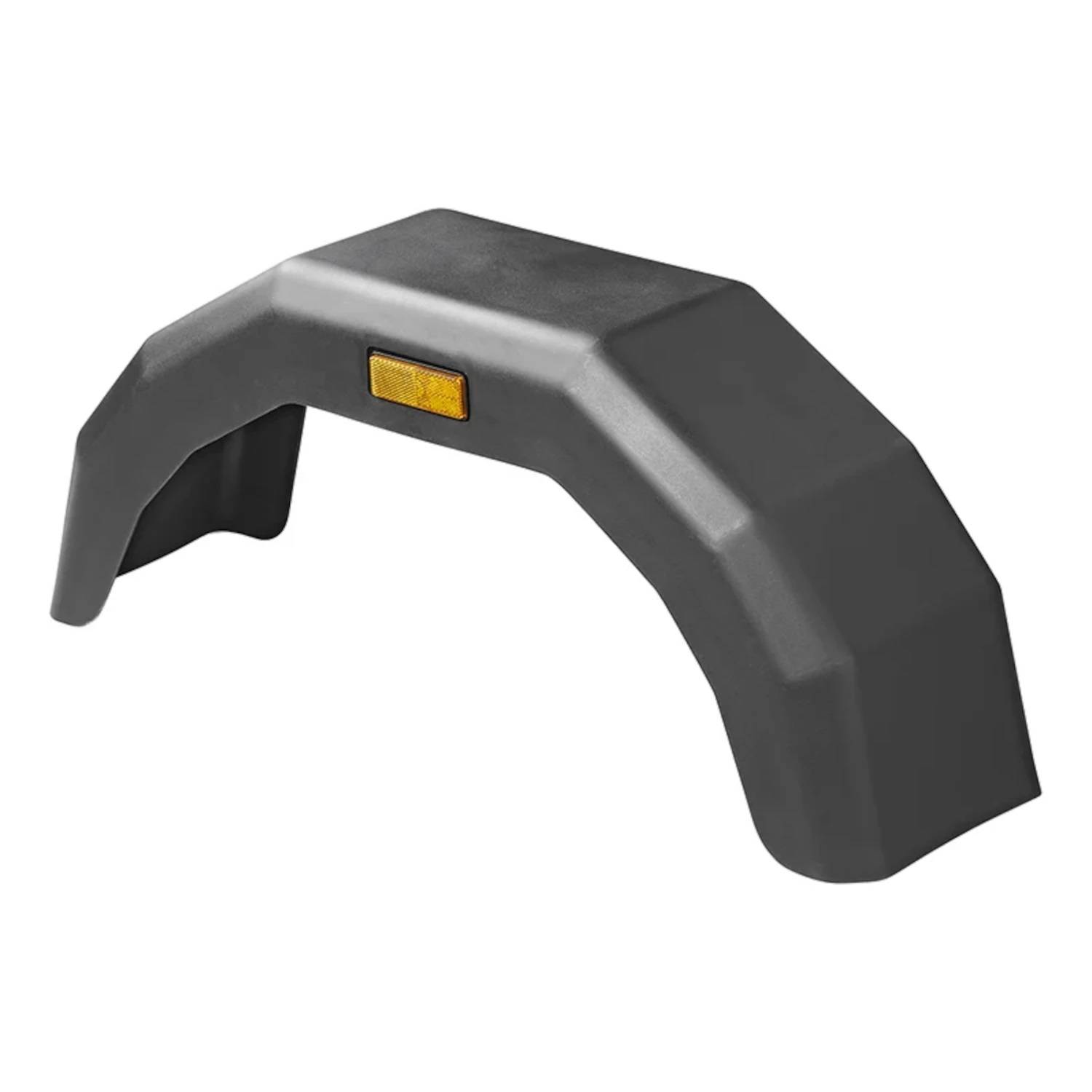 Ein schwarzer Kunststoff-Kotflügel mit integriertem bernsteinfarbenem Reflektor, konzipiert zum Schutz des Fahrzeugrades und zur Verbesserung der Sichtbarkeit.