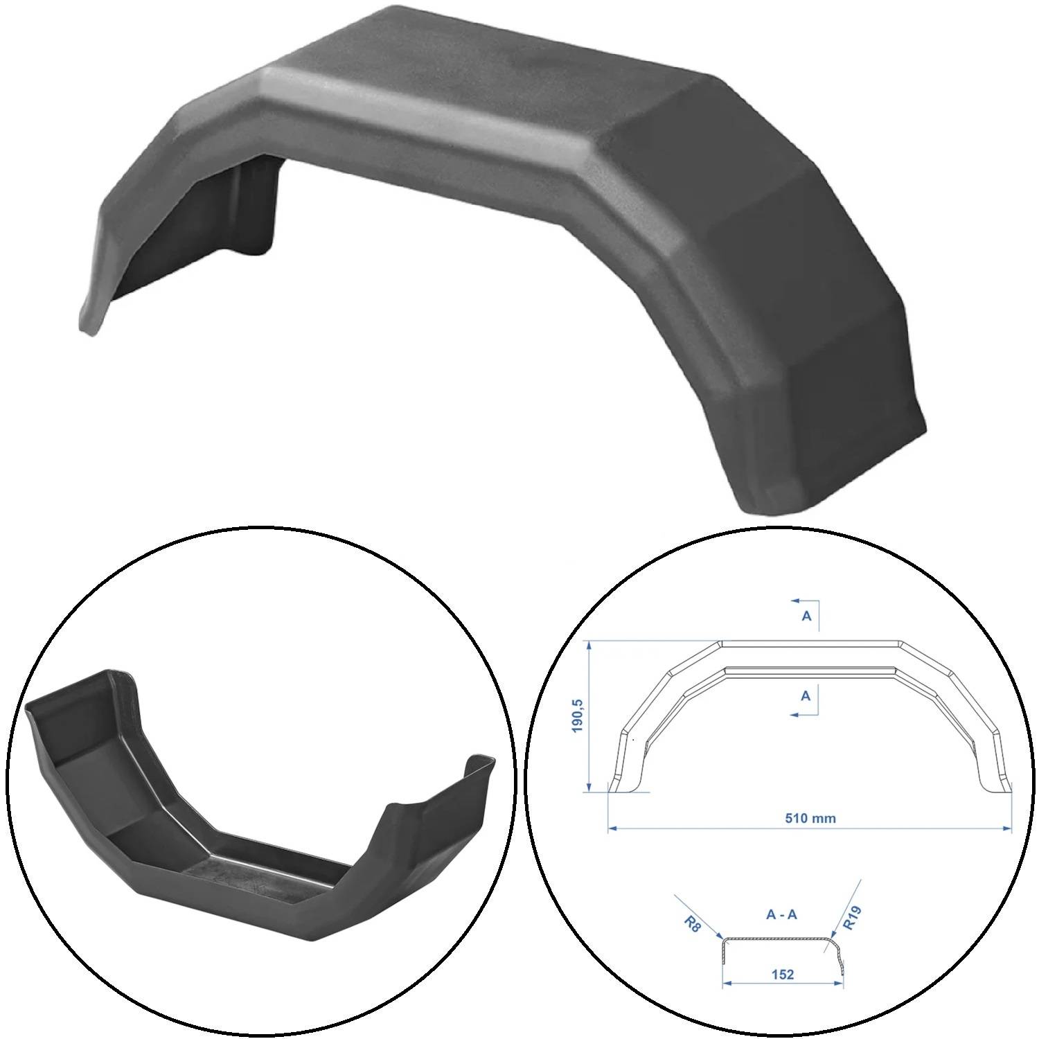 Schwarzer Kotflügel für Fahrzeuge, aus einem Winkel gezeigt und mit technischen Konstruktionsdiagrammen, einschließlich Maßangaben und Dimensionen.