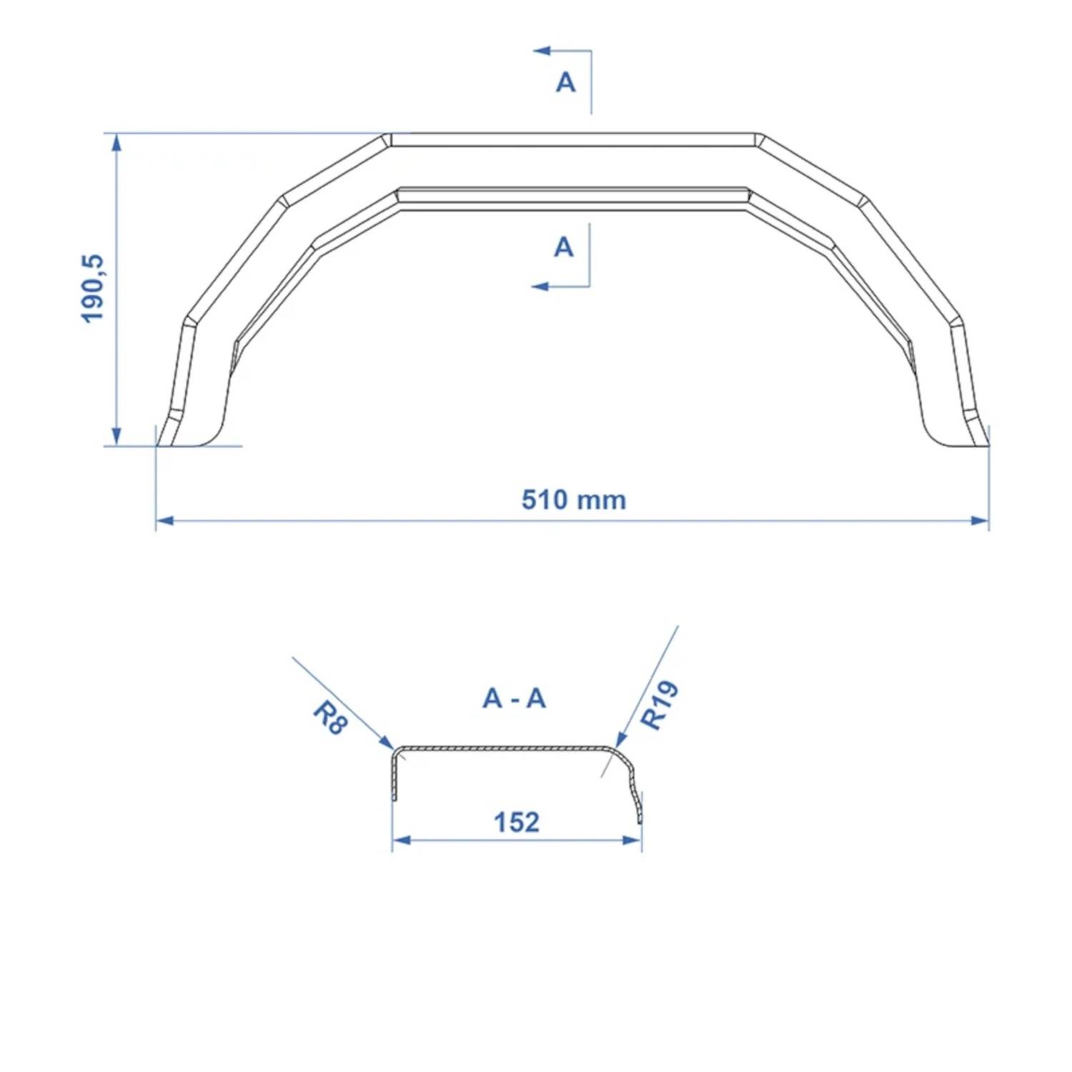 Trapezförmige Halterung Bauplan mit Maßen: 510 mm Breite, 190,5 mm Höhe und 152 mm Tiefe im Querschnitt A-A. Seitenbögen mit R8 und R19.