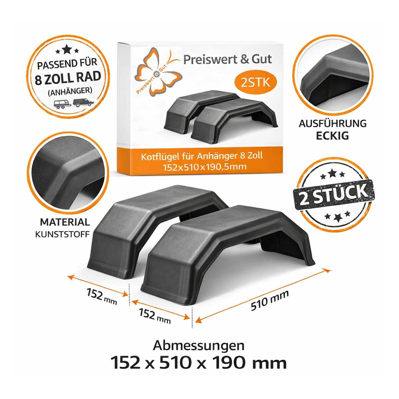 2x Kotflügel Anhänger 8 Zoll Radkasten Kunststoff Links Rechts 510x152x190 mm