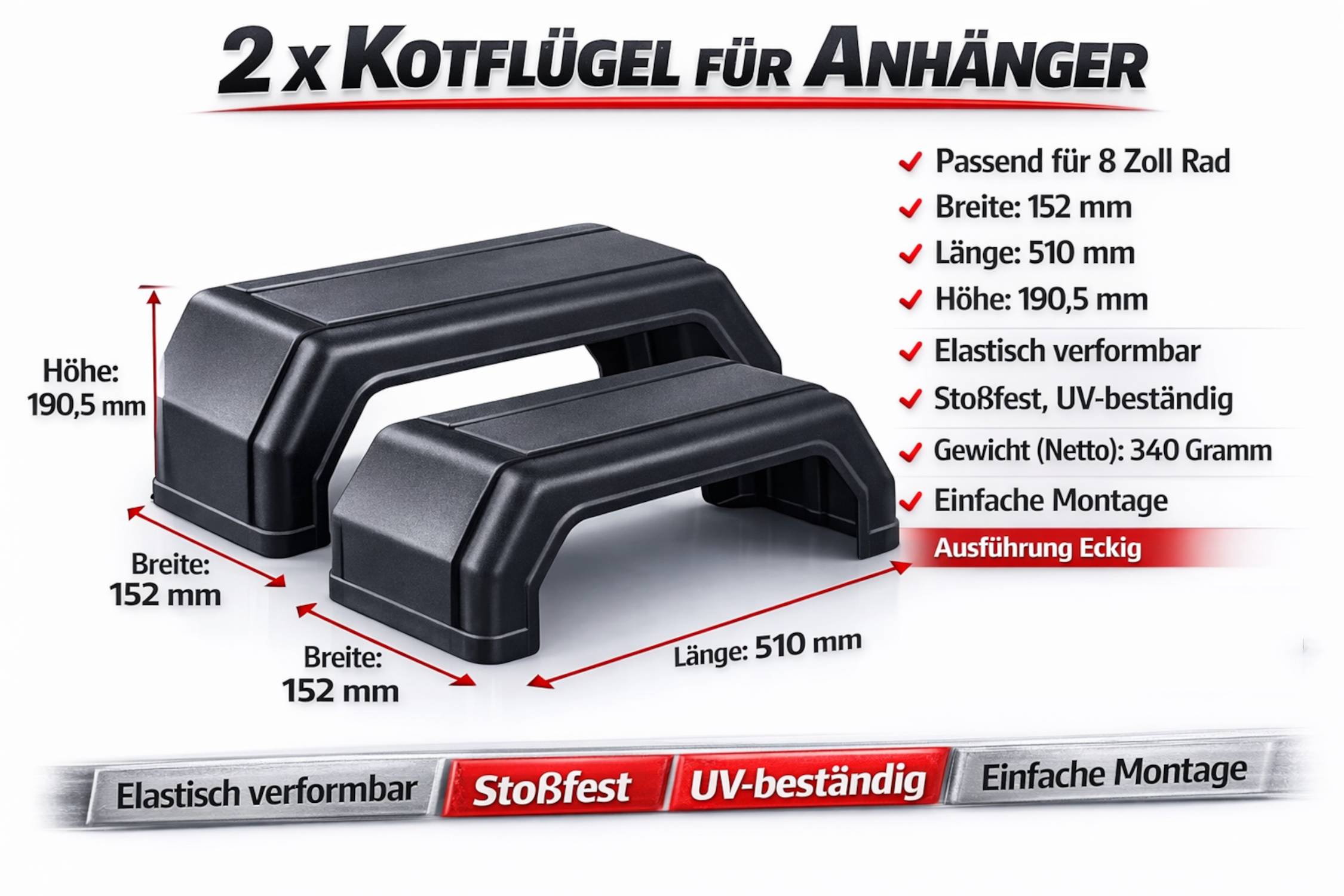 2 x Kotflügel für Anhänger 8 Zoll – Schutzblech für Pferdeanhänger, elastisch, UV-beständig, stoßfest, Maße: 152x510x190,5 mm