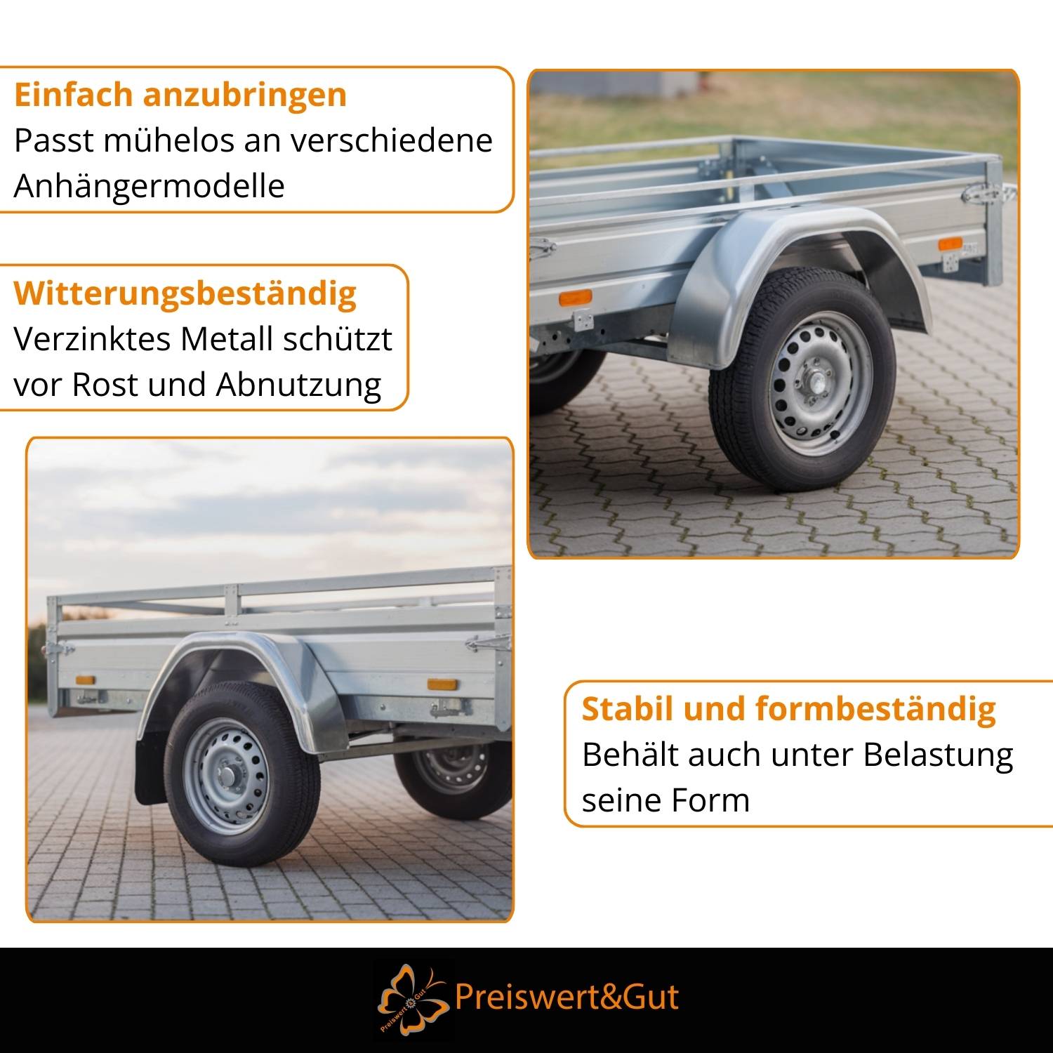 Das Bild zeigt einen Anhänger mit drei hervorgehobenen Eigenschaften: 'Einfach anzubringen', 'Witterungsbeständig' und 'Stabil und formbeständig'.
