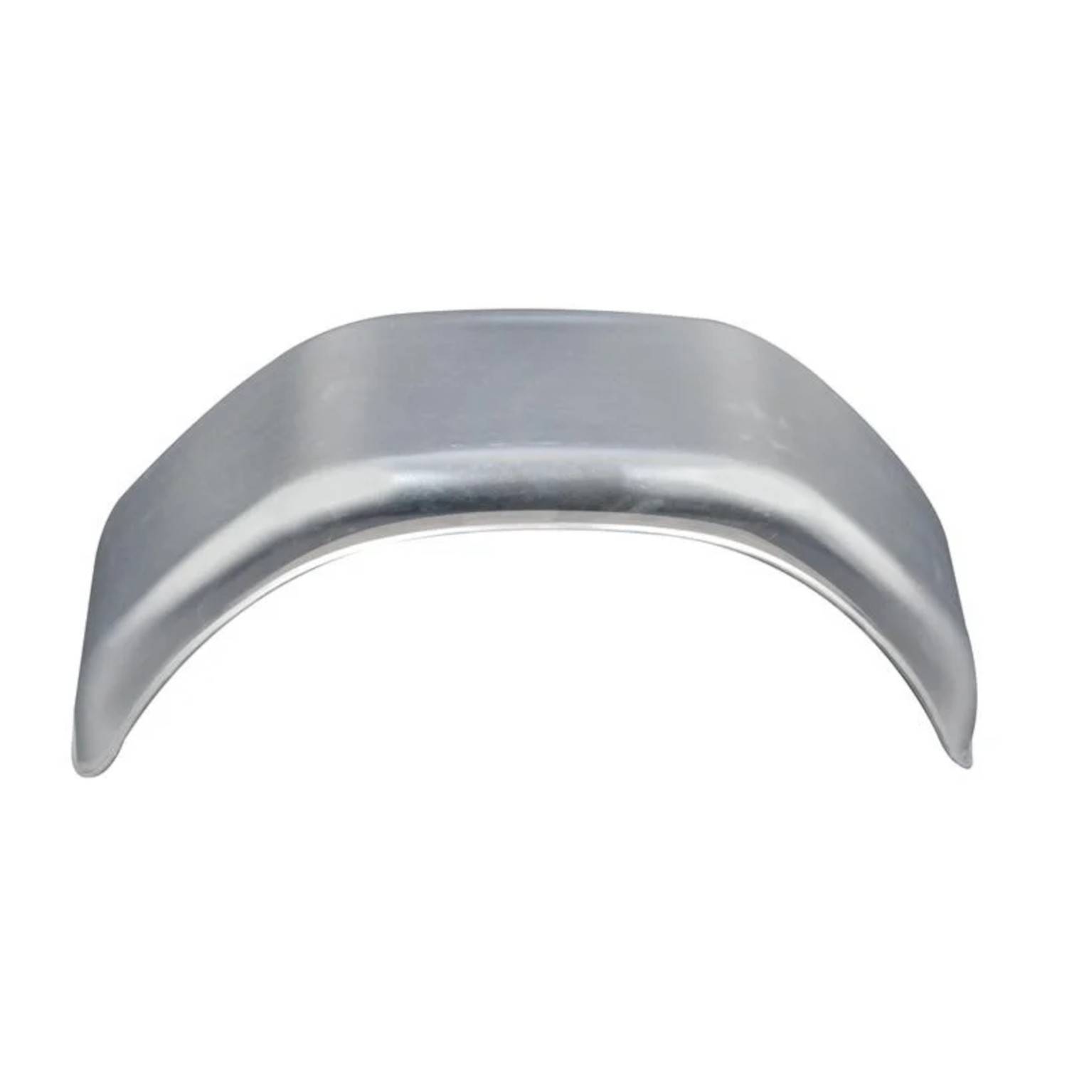 Ein glänzender Metallschutzblech für ein Fahrzeug, geformt, um über ein Rad zu passen, der das Licht reflektiert und seine glatte, geschwungene Form zeigt.