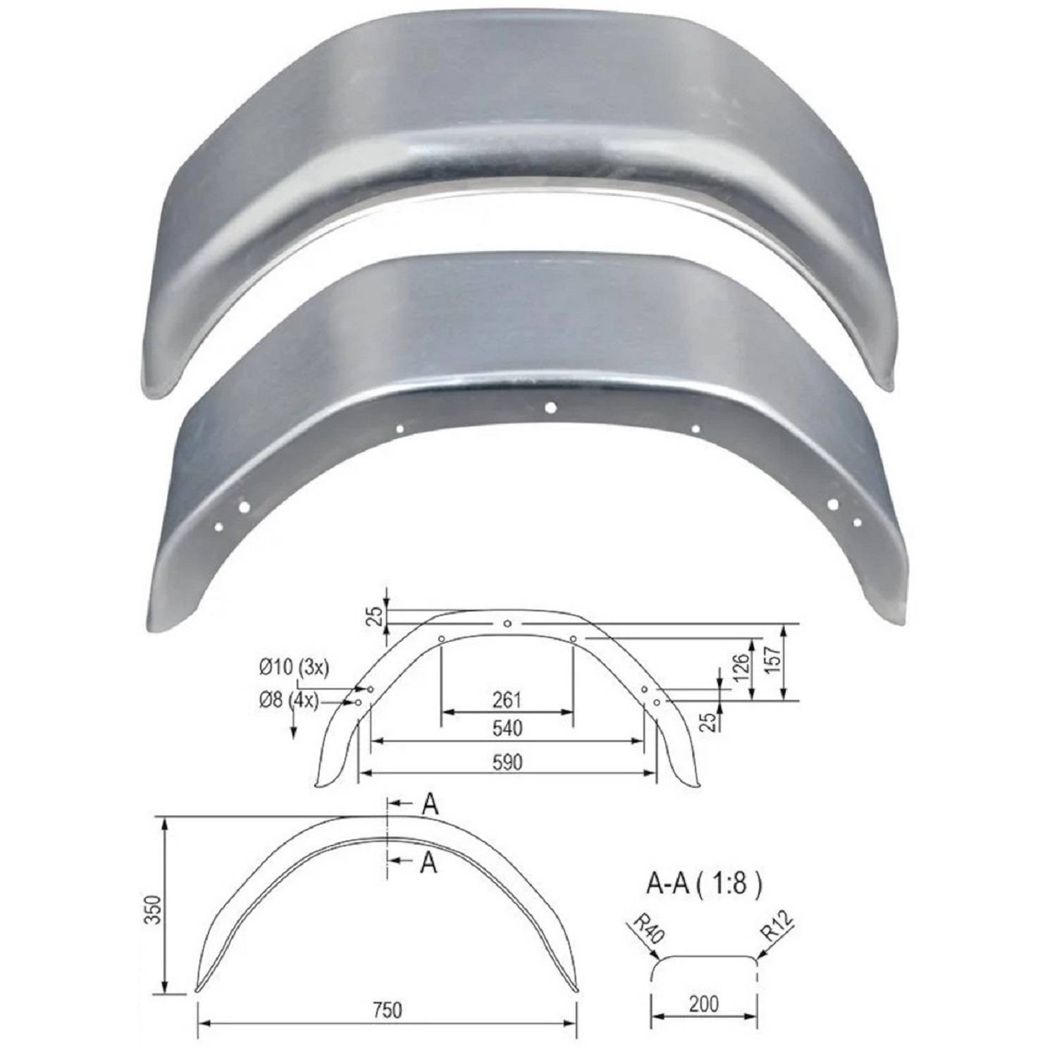 Zwei Metallschutzblechwangen mit zugehöriger technischer Zeichnung, die Abmessungen zeigt: 750 mm Breite, 200 mm Höhe und Lochanordnungen.