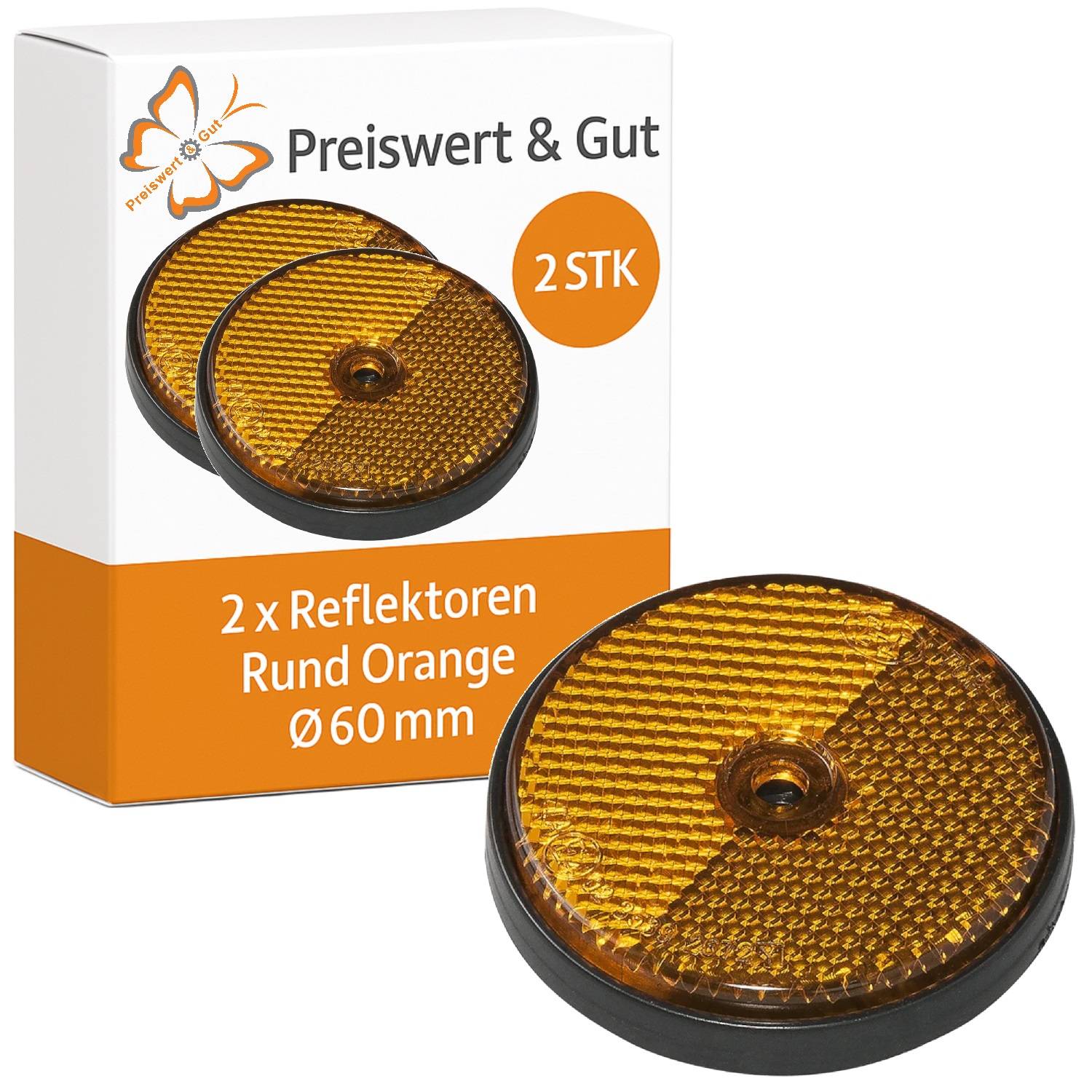Box displaying two round orange reflectors labeled '2 STK' with text '2 x Reflektoren Rund Orange Ø 60 mm,' featuring a butterfly logo.