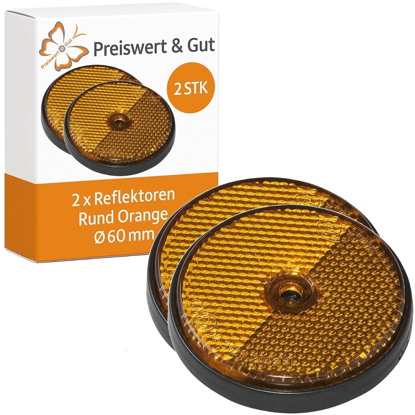 2x Reflektoren Rund Orange Ø60 mm – Rückstrahler E4 Reflektor für Anhänger und Wohnwagen Schraubloch Ø5mm Katzenaugen