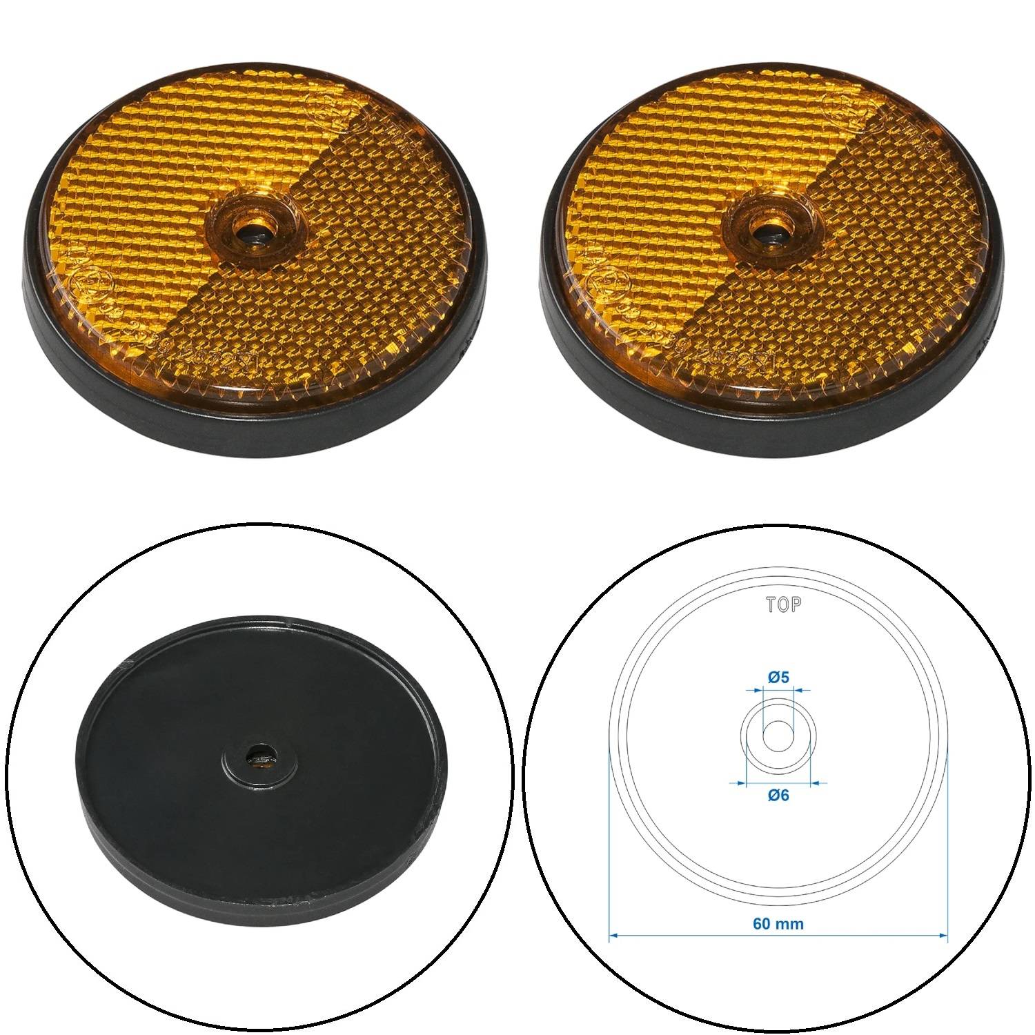 Zwei gelbe kreisförmige Fahrradreflektoren mit einer strukturierten Oberfläche, die 60 mm im Durchmesser messen. Der eine zeigt die reflektierende Seite, der andere die Rückseite.