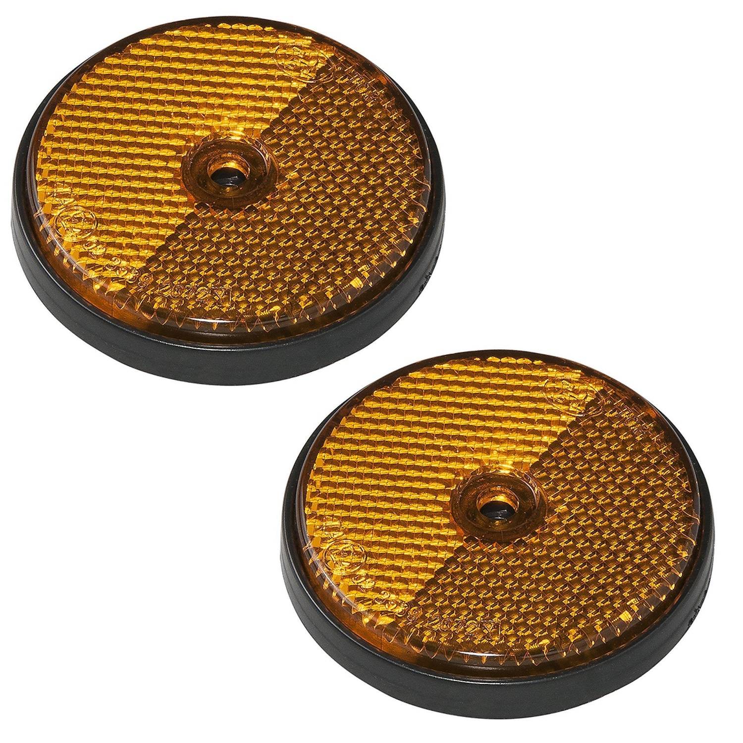 Zwei runde orangefarbene Reflektoren mit strukturierter Oberfläche und einer kleinen zentralen Befestigungsöse, die zur Sichtbarkeitssteigerung an Fahrzeugen oder Ausrüstungen verwendet werden.