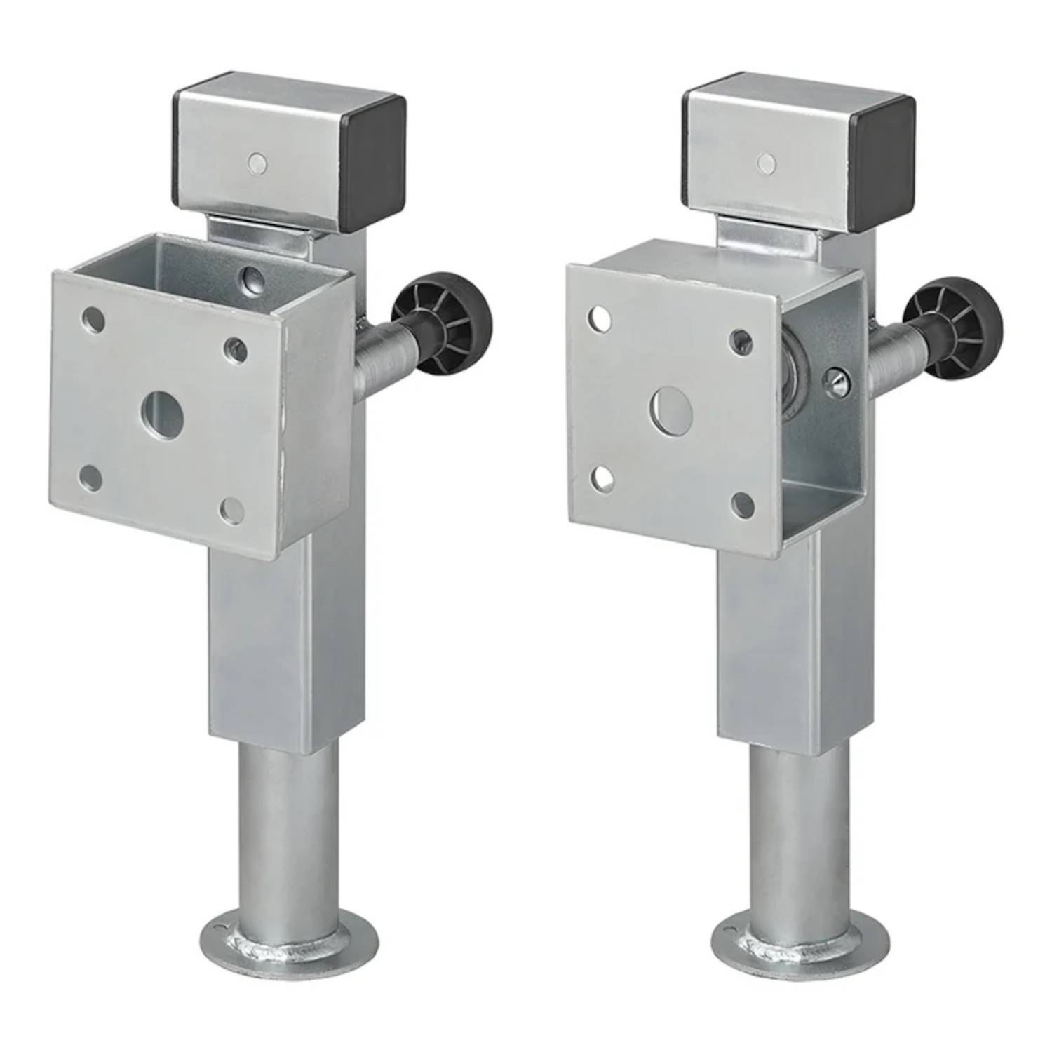 Zwei verstellbare Metallscharniere mit Knöpfen, die zum Befestigen oder Positionieren von Objekten konzipiert sind. Jedes Scharnier verfügt über quadratische Platten mit mehreren Löchern.