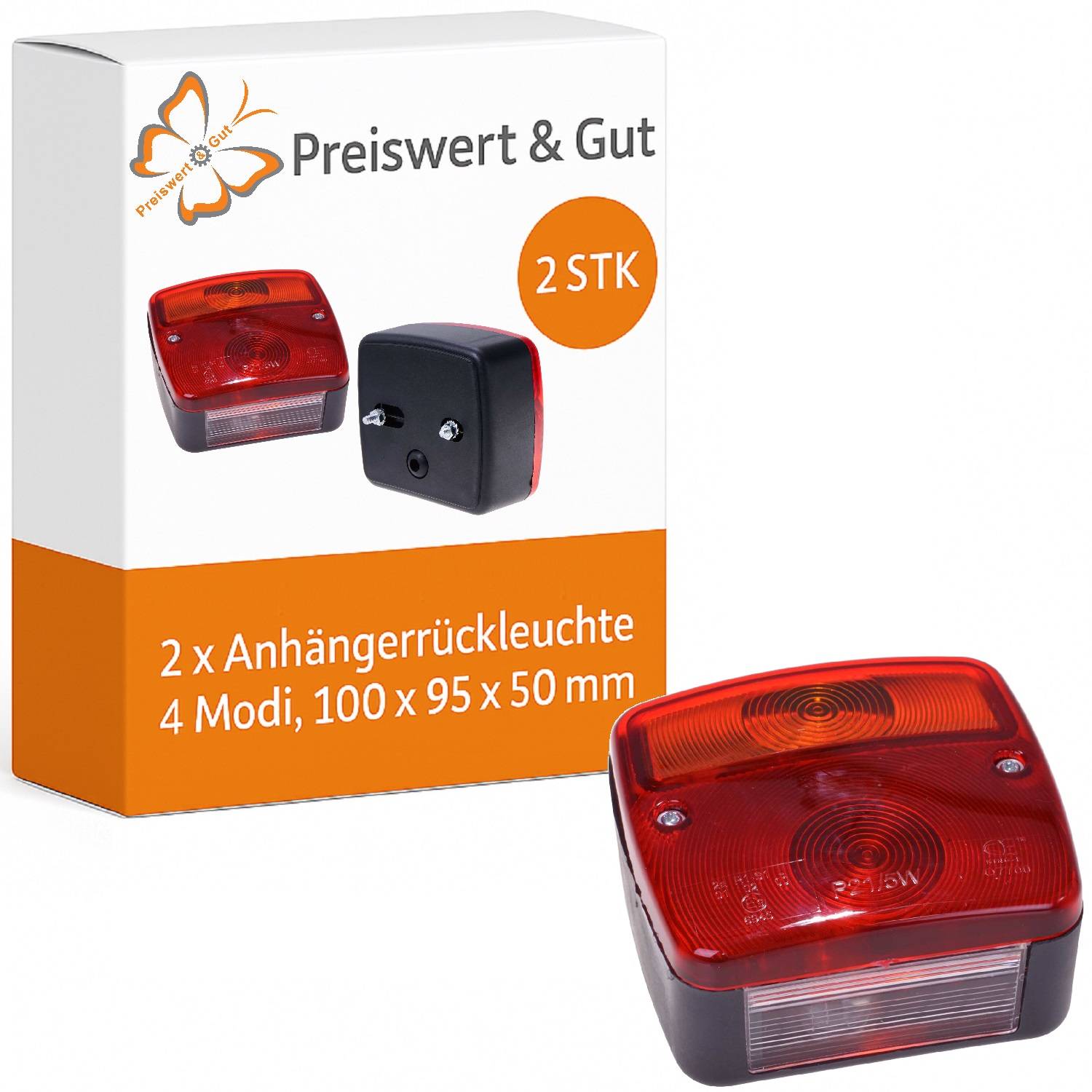 Verpackungsbox mit zwei Anhänger-Rücklichtern mit roten Linsen und mehrflächigen Oberflächen. Text weist auf '2 STK', '4 Modi' und Abmessungen hin.