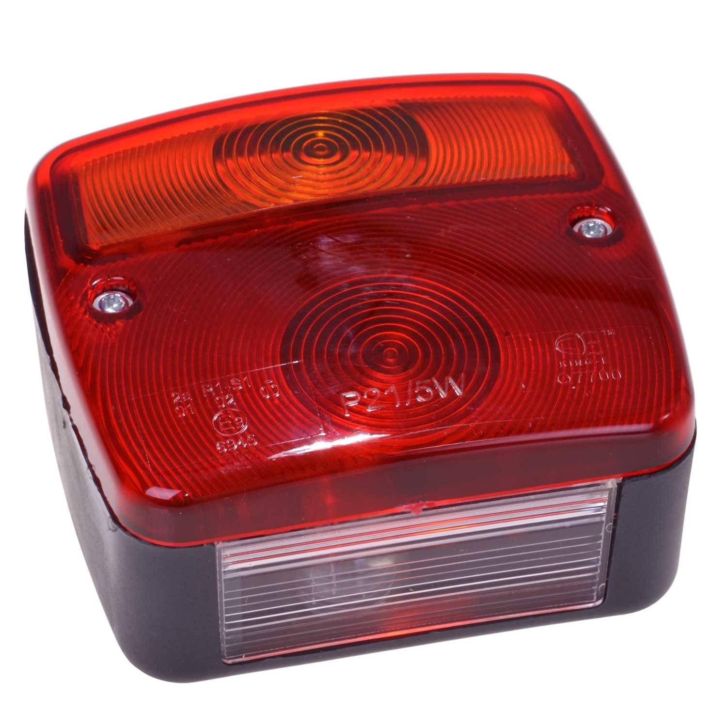 Rotes Fahrzeug-Rücklicht mit rechteckigem Design, versehen mit Schraubendetails und einem klaren Abschnitt am unteren Rand, verwendet zur Signalgebung.