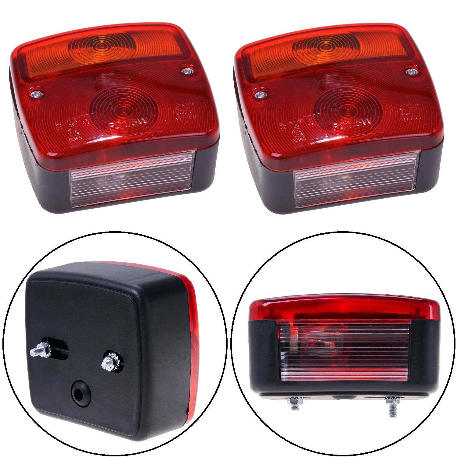 Zwei rote LED-Anhängerrücklichter mit schwarzem Gehäuse, rechteckiger Form. Abbildungen zeigen Vorder-, Rück- und Seitenansicht, jeweils mit klaren Lichtstreifenabdeckungen.