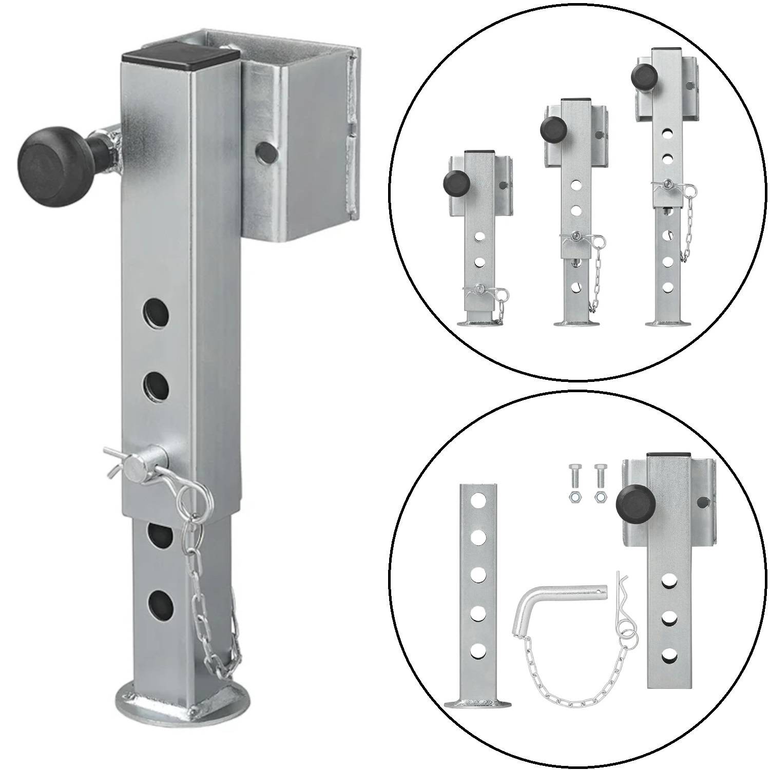 Verstellbarer Anhänger-Stützfuß aus Stahl, mit Höheneinstellungen und Sicherheitsbolzen, in verschiedenen Positionen und Teilen dargestellt, mit kreisförmigen Detailansichten.